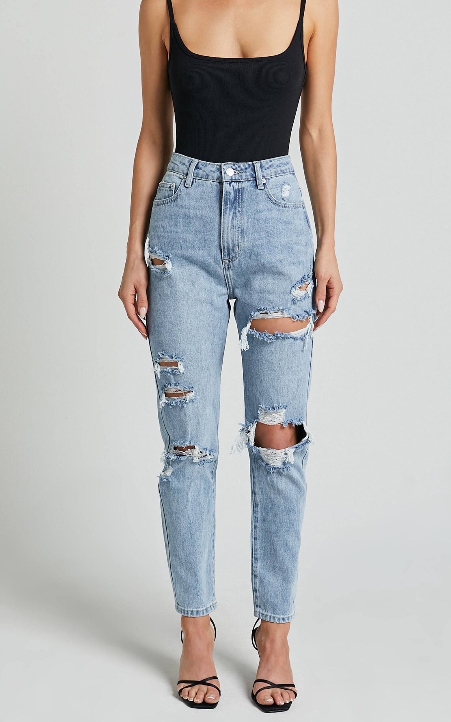 Billie Jeans - High Waisted Cotton Distressed Mom Denim Jeans in Mid Blue Wash