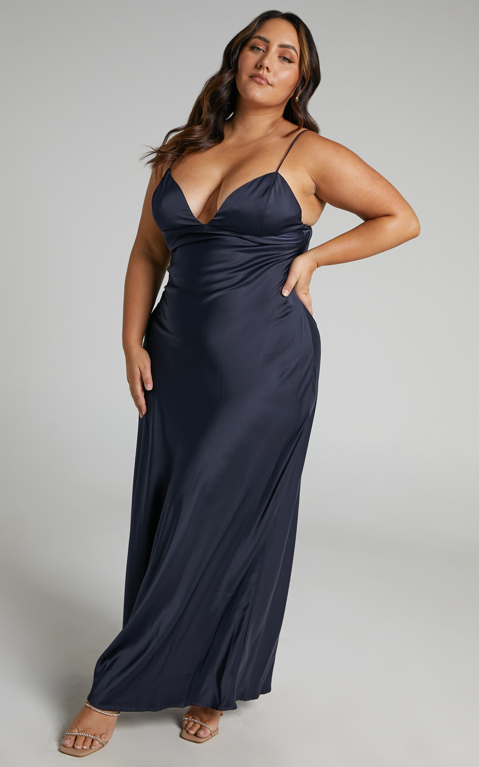 Cariela Midi Dress - Plunge Neck Satin Dress in Navy