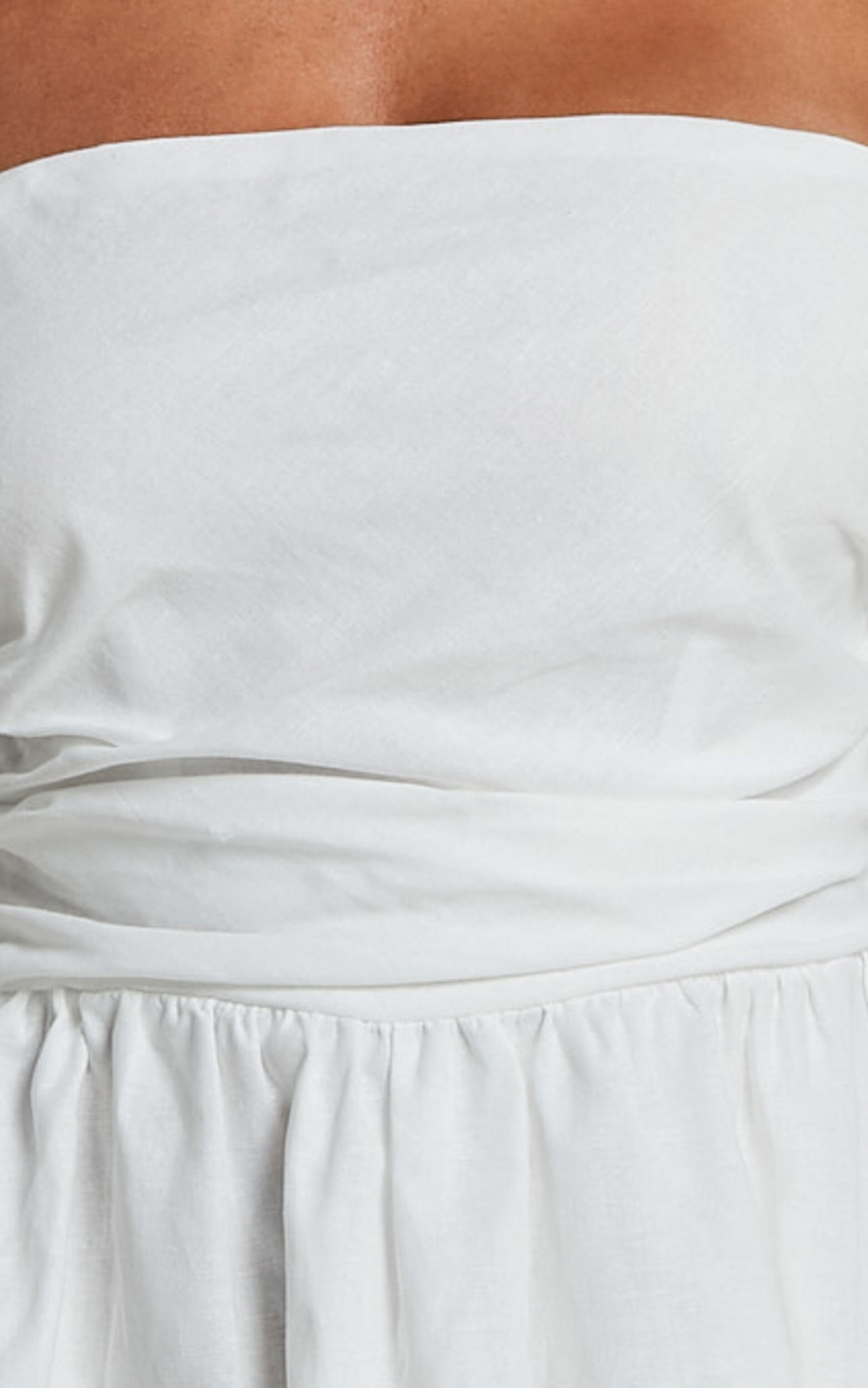 Claudina Mini Dress - Linen Look Puff Sleeve Ruched Bodice Dress in White