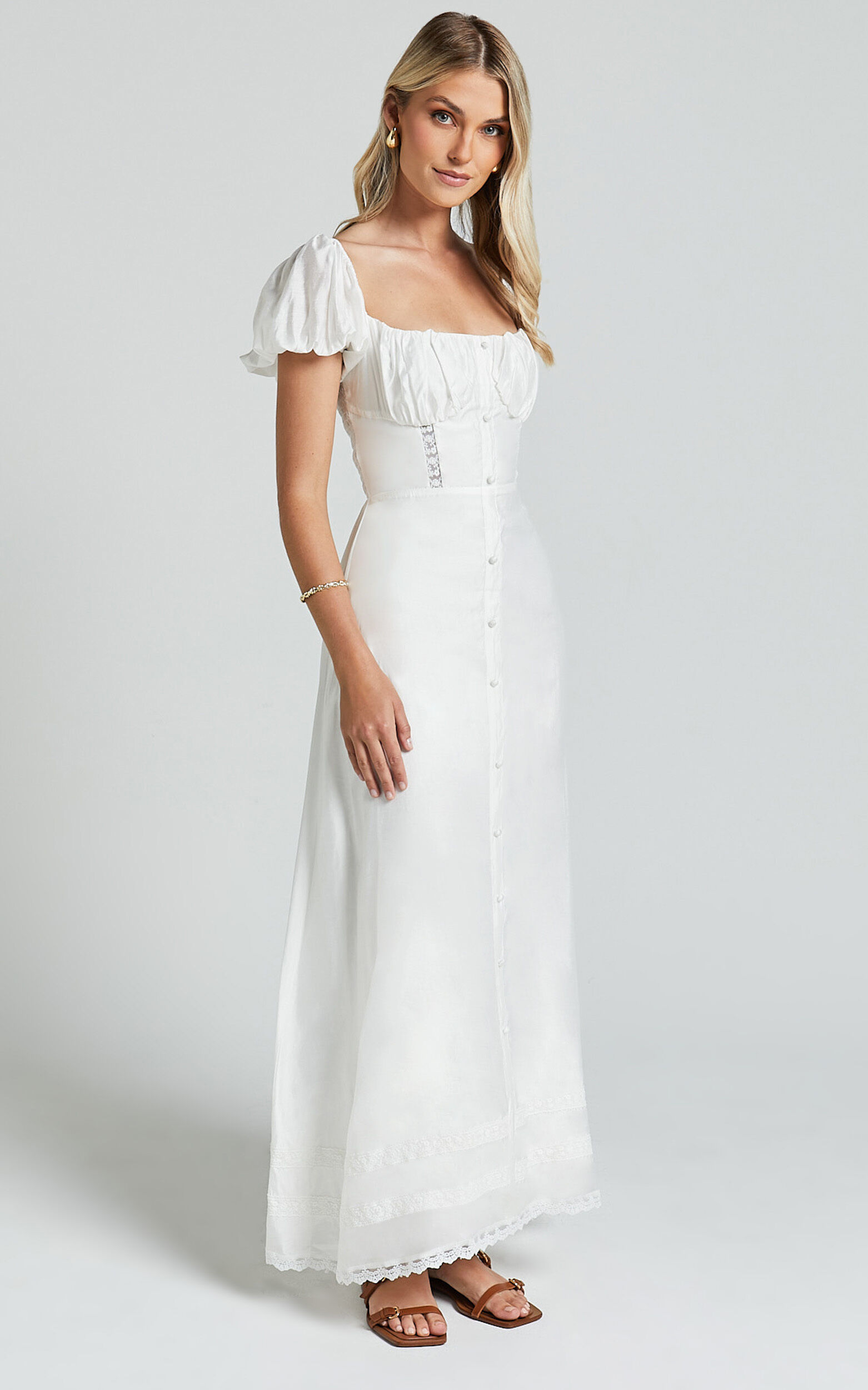 Giselle Midi Dress - Puff Sleeve Corset Flare Dress in White