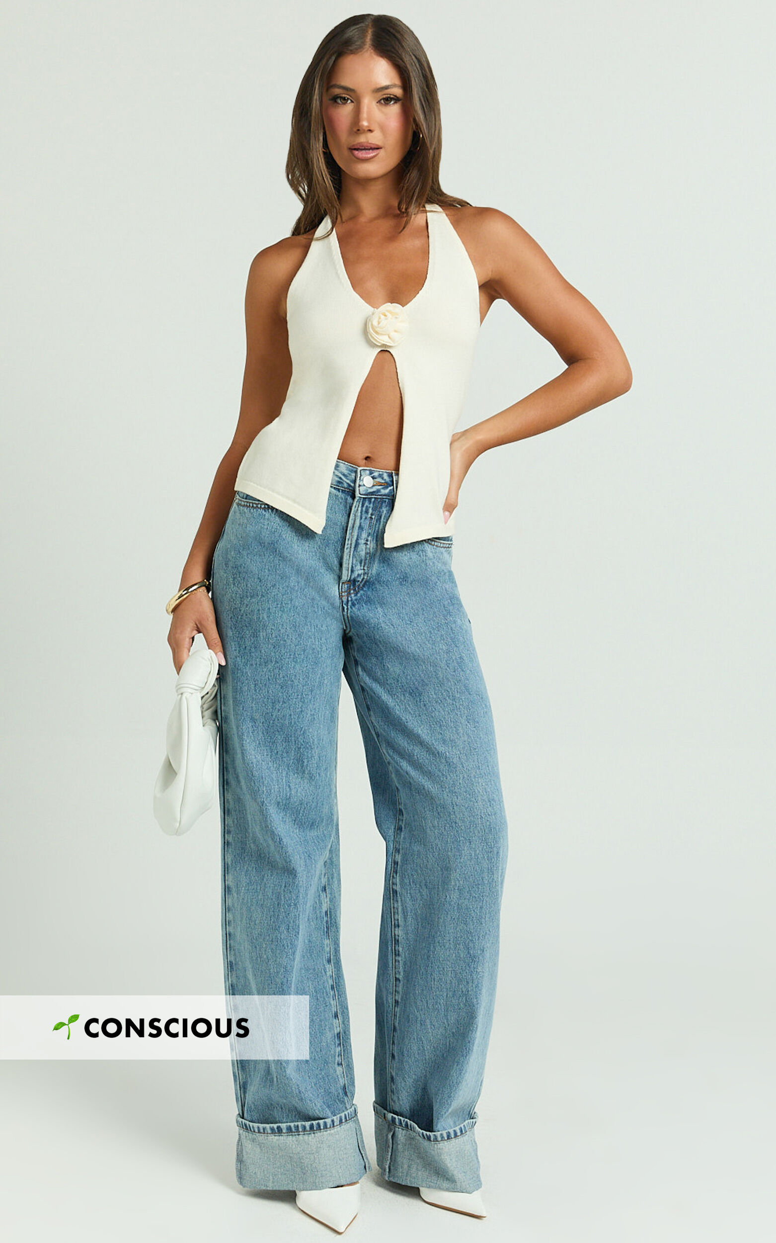 Arwyne Jeans - Mid Rise Baggy Deep Turnup Recycled Denim Jeans in Light Blue Wash