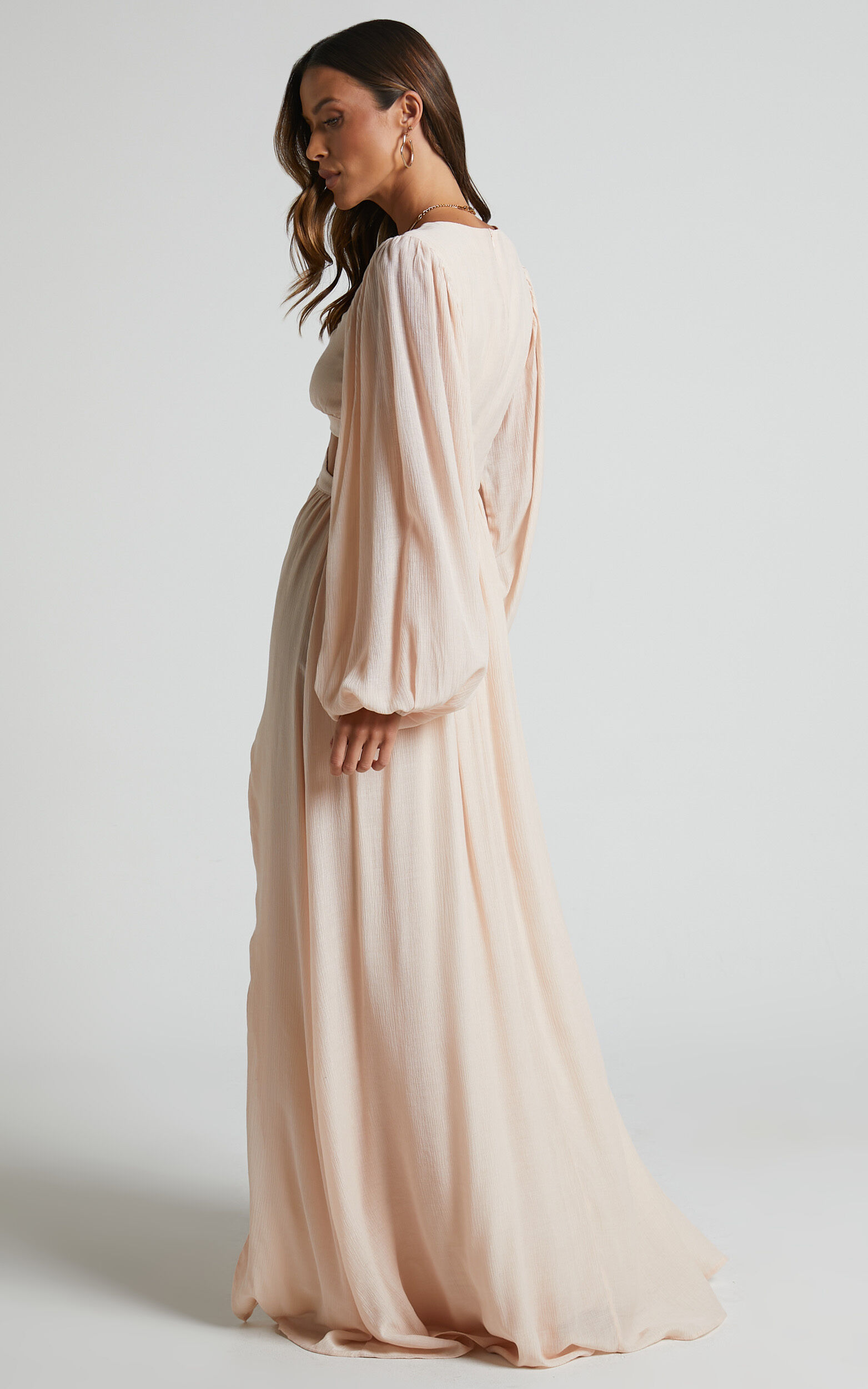 Paige Maxi Dress - Side Cut Out Balloon Sleeve Dress in Neutral
