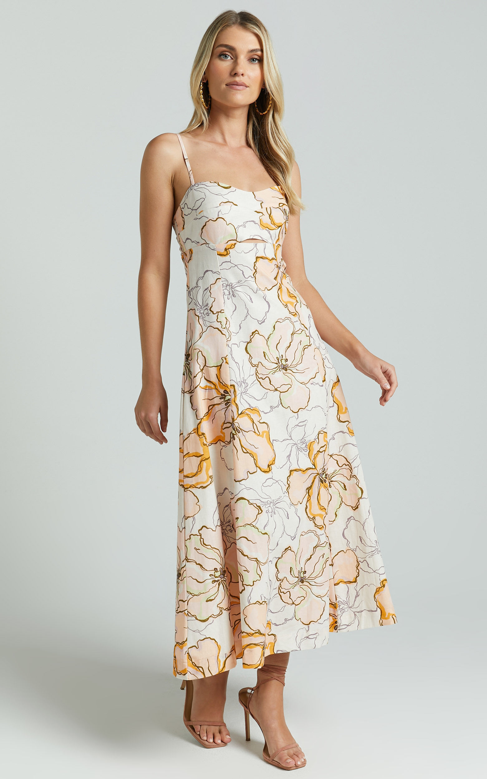 Amalie The Label - Carietta Linen Blend Strappy Sweetheart Cut Out A Line Midi Dress in Maison Fleur