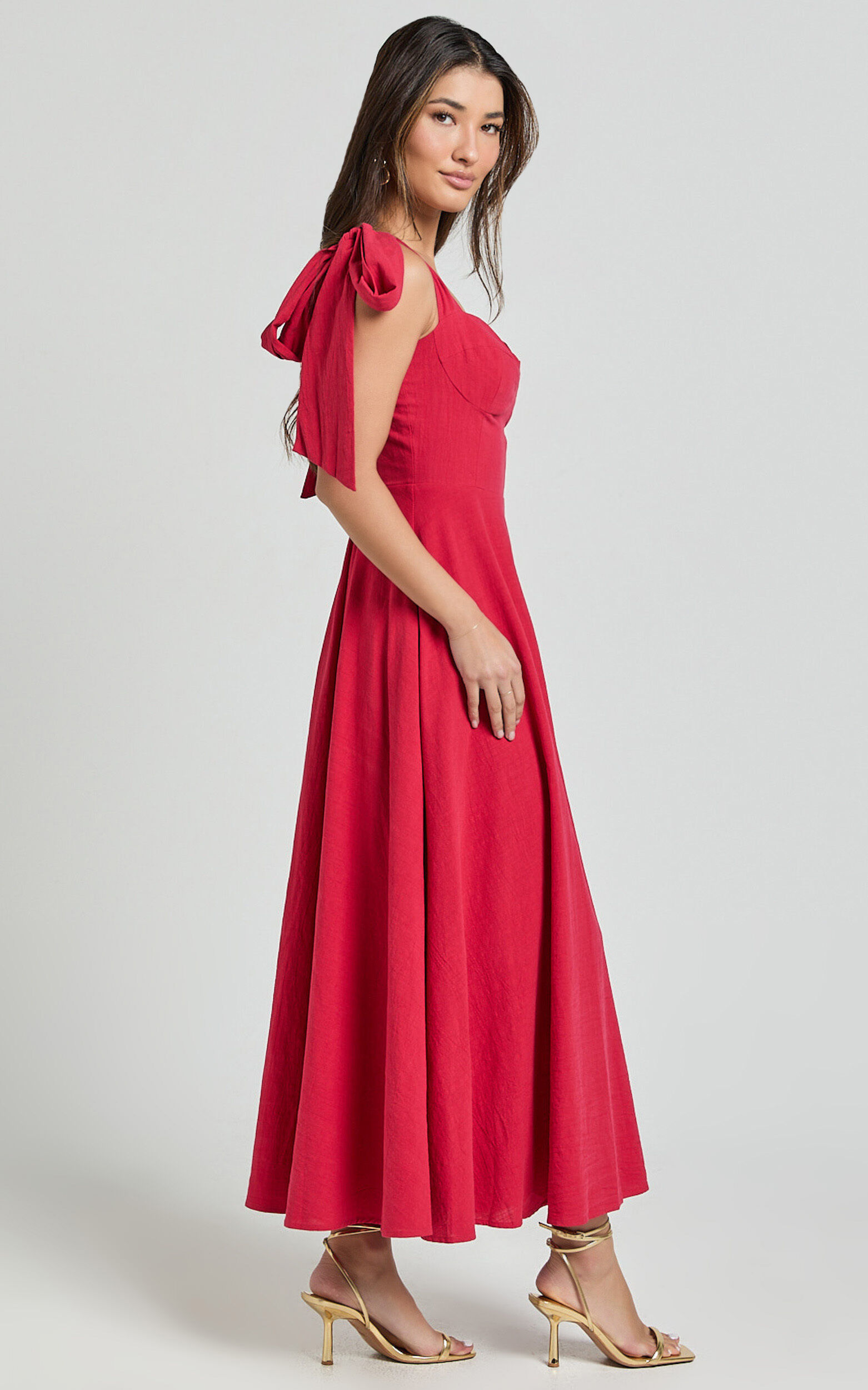 Tymia Midi Dress - Shoulder Tie Bustier Shirred Back A Line in Red