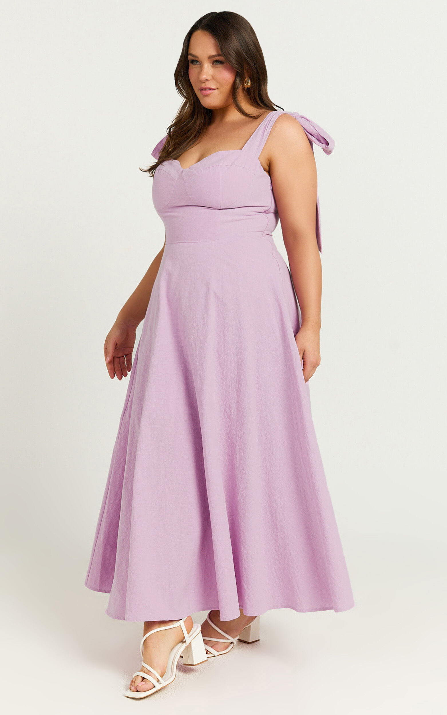 Tymia Midi Dress - Shoulder Tie Bustier Shirred Back A Line in Lavender