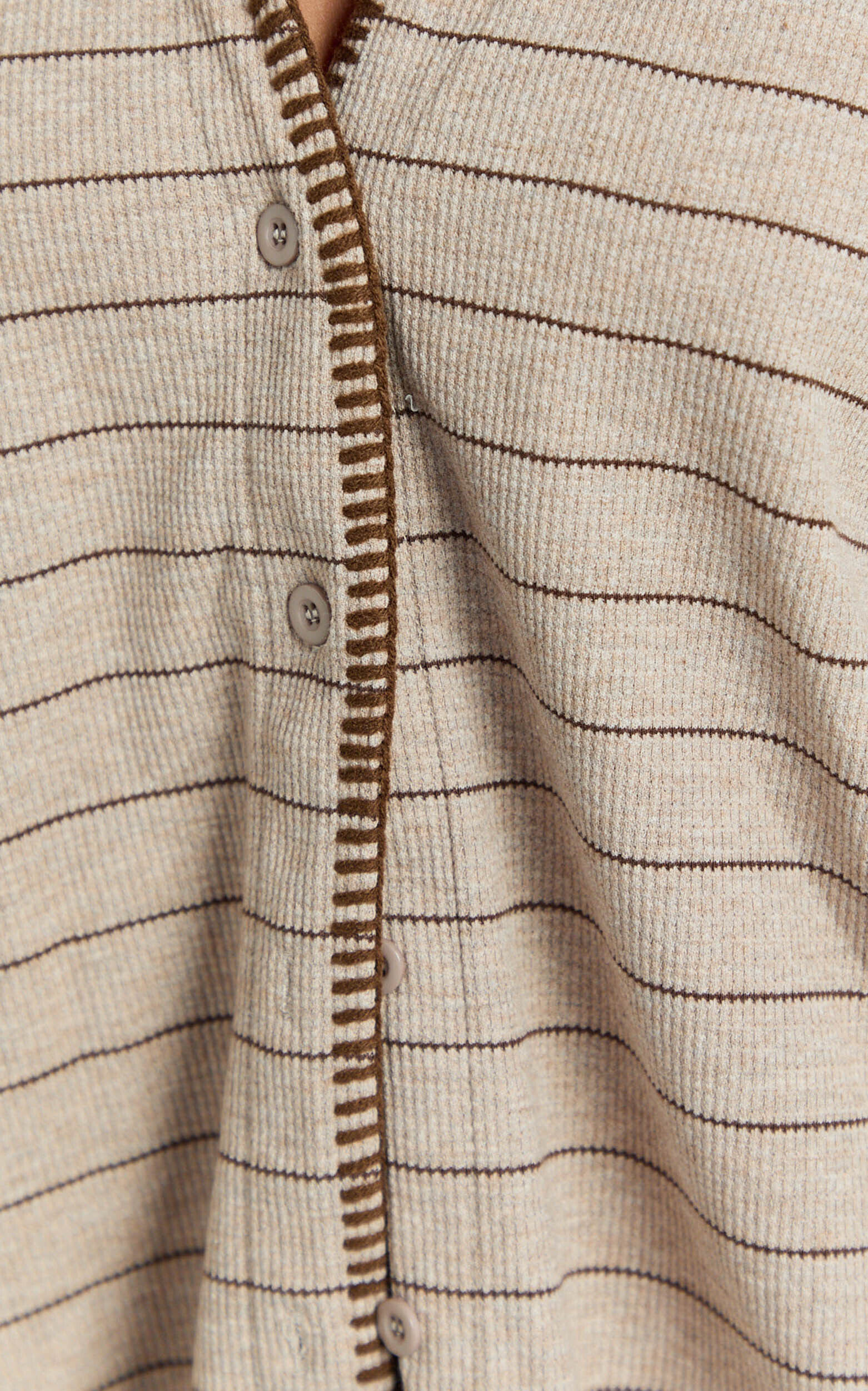 Laura Two Piece Set - Stripe Waffle Knit Shirt & Short Set in Brown/Cream Stripe