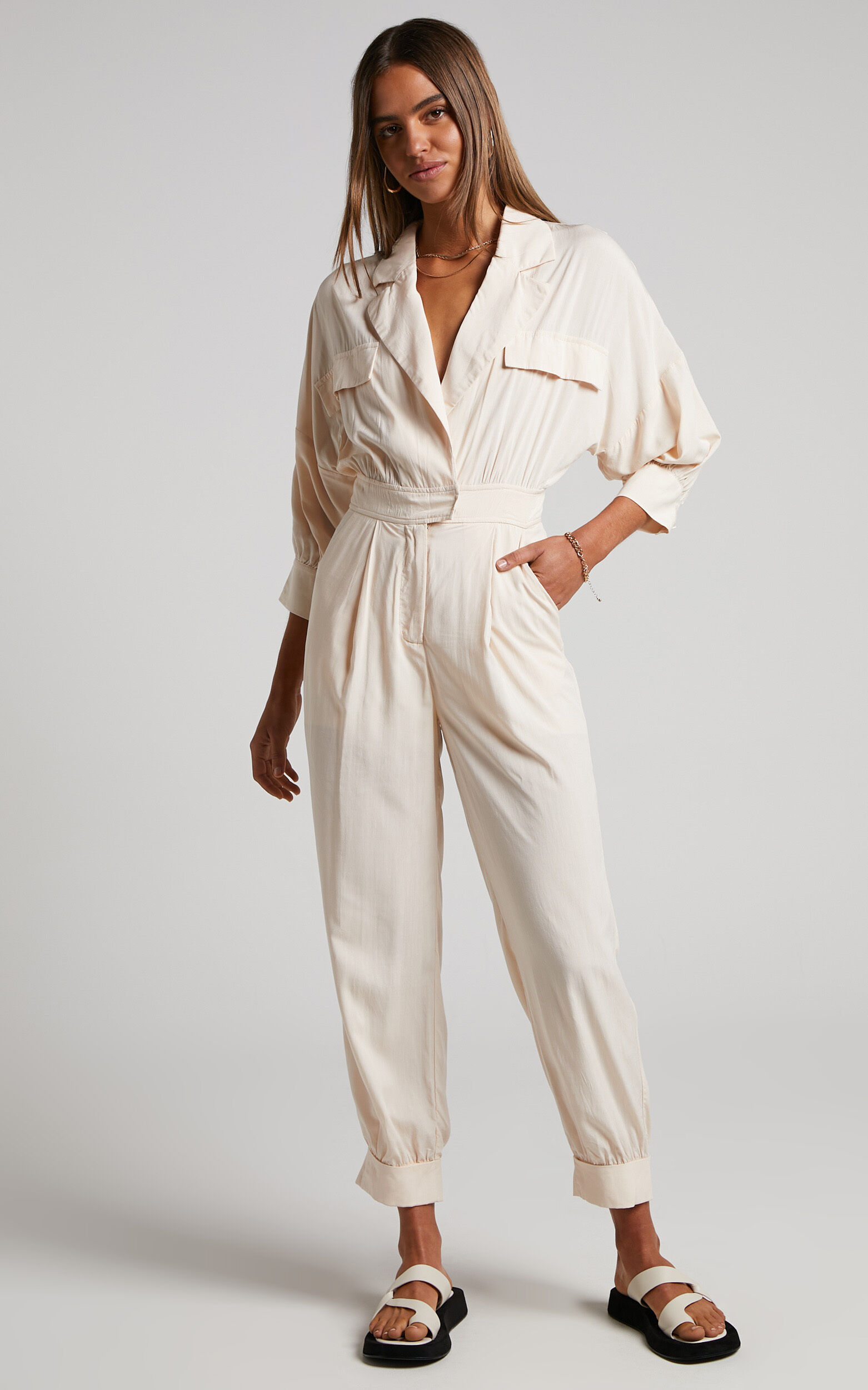 Ayelin Jumpsuit - Linen Relaxed 3/4 Sleeve Jumpsuit in Cream