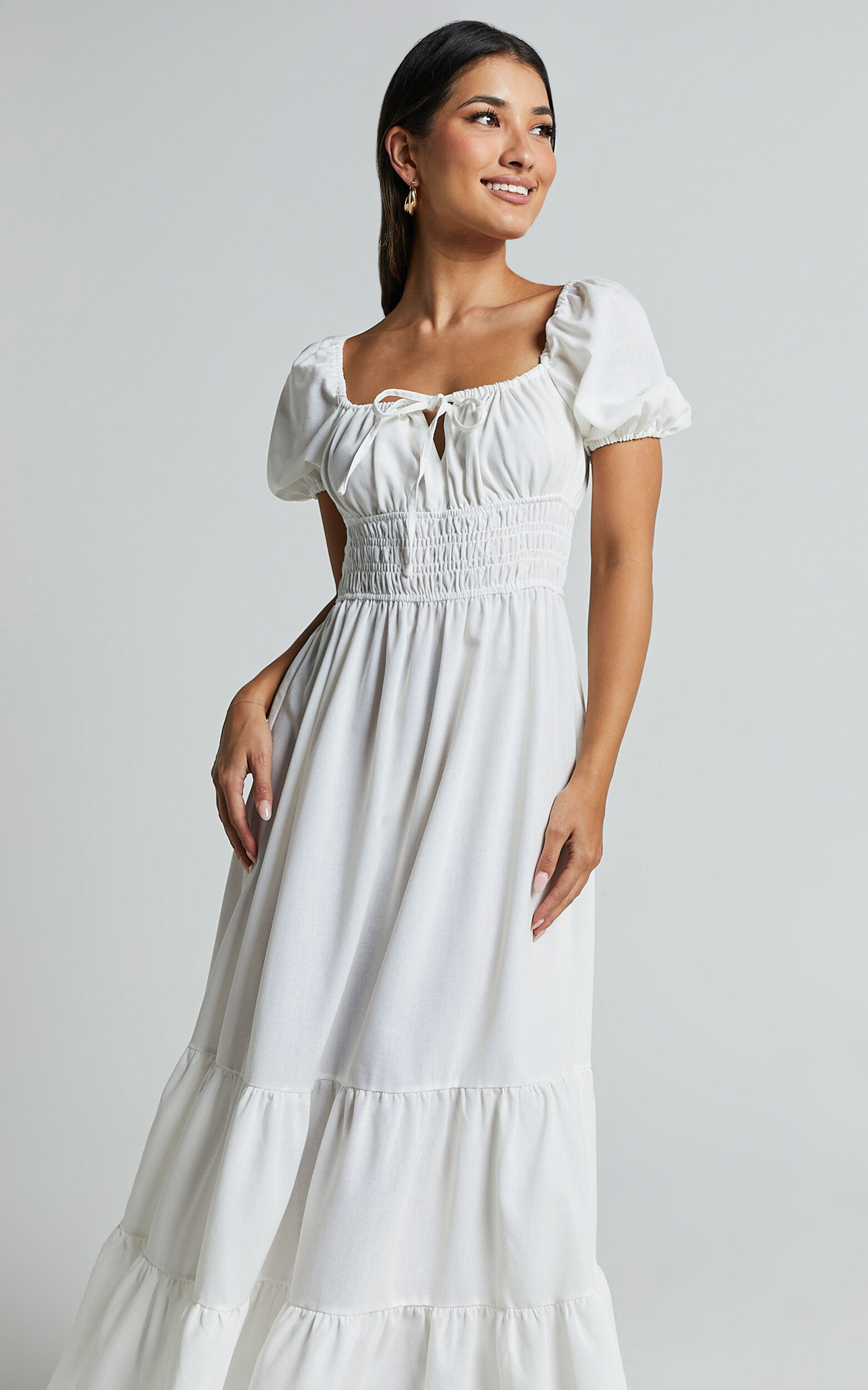 Claritza Midi Dress - Linen Look Short Puff Sleeve Square Neck Tiered Dress in White