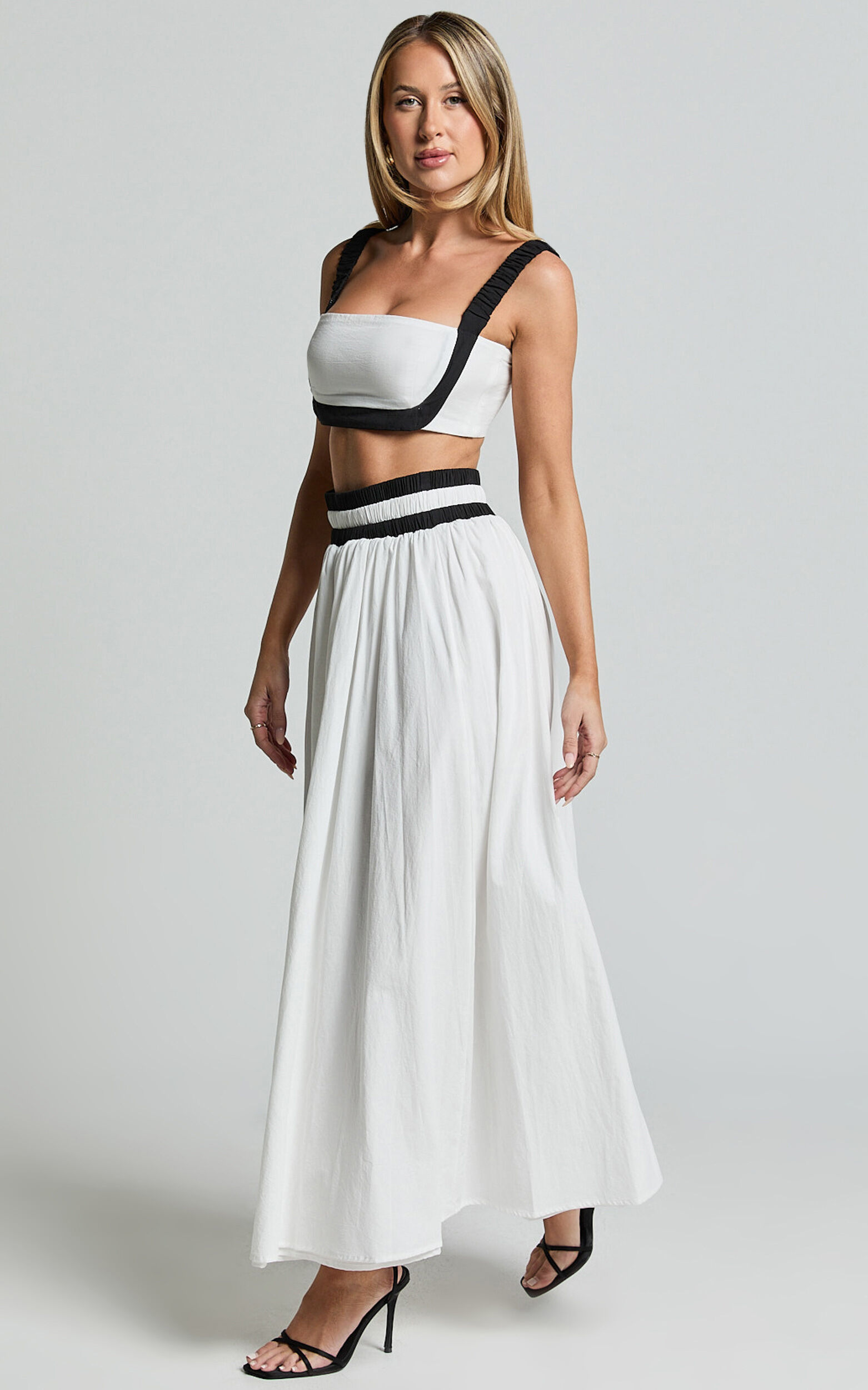 Sapphire Two Piece Set - Contrast Band Crop Top and A Line Maxi Skirt in White & Black