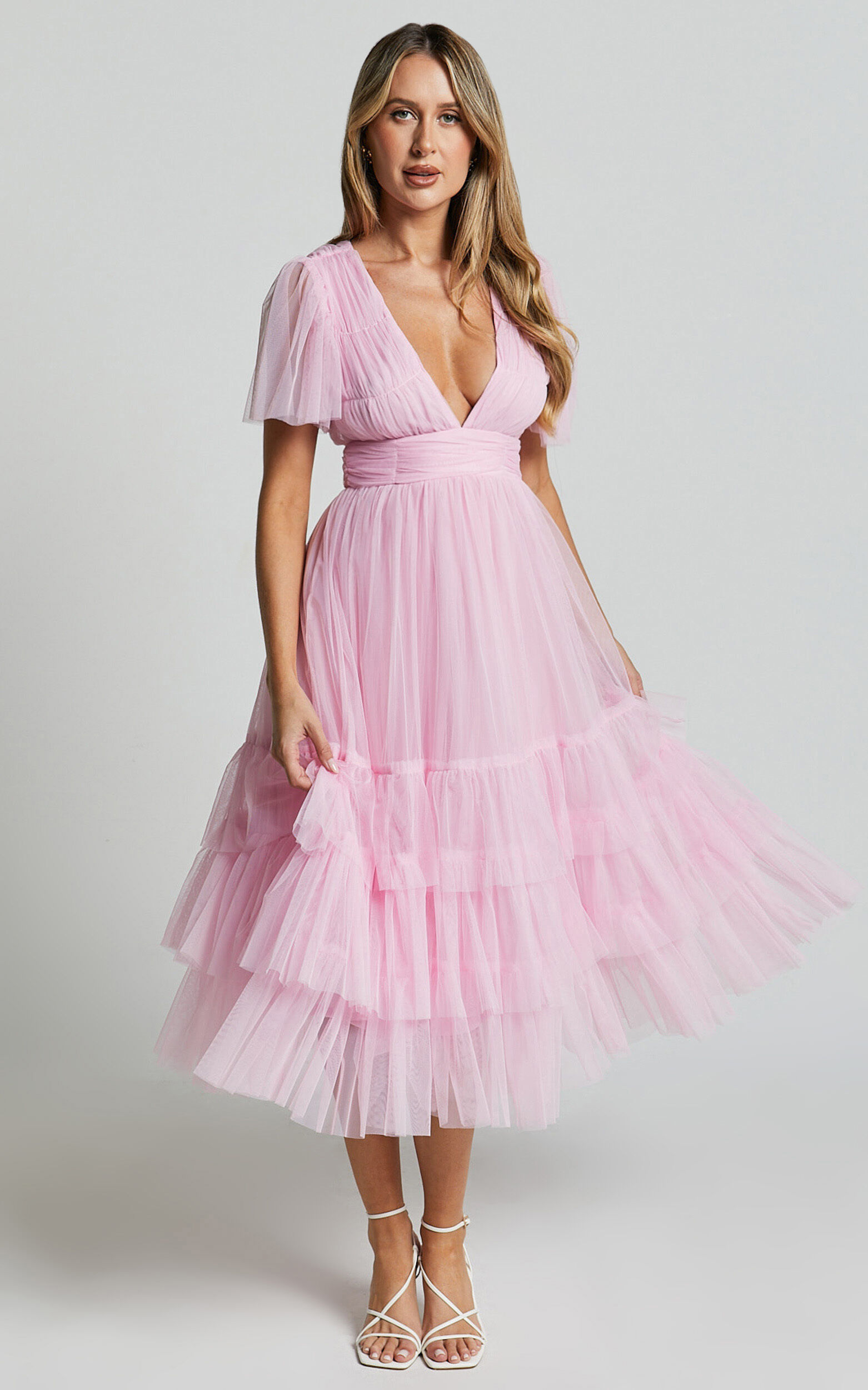 Jiraye Midi Dress - Flutter Sleeve Tuelle Plunge Dress in Ballet Pink