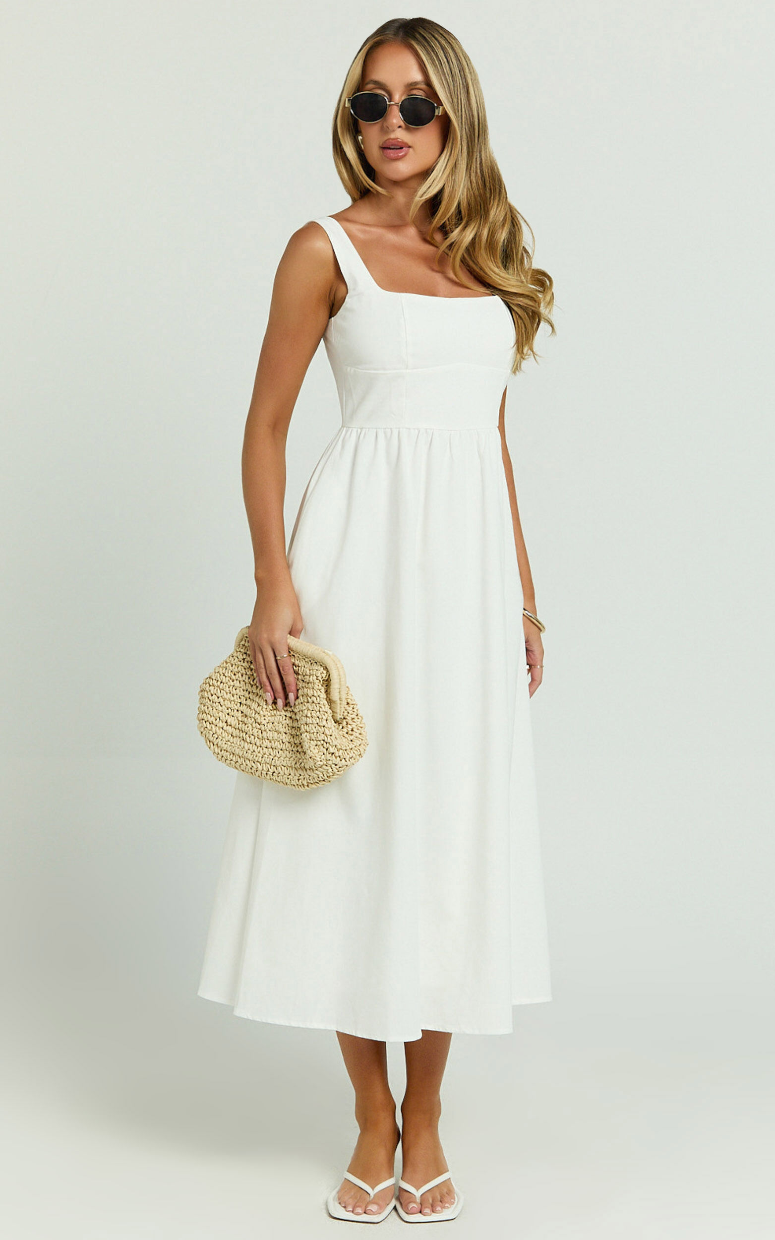 Khari Midi Dress - Linen Look Square A Line Dress in White
