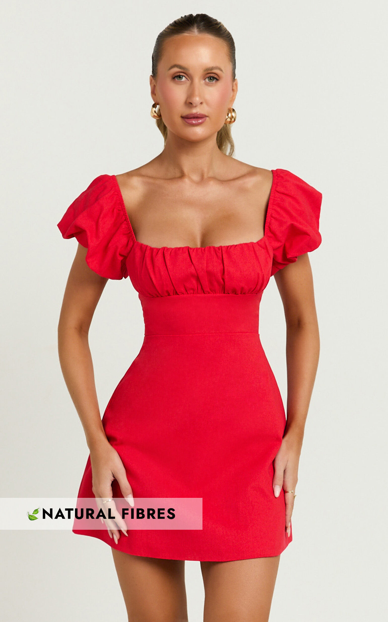 Ginny Mini Dress - Square Neck Ruched Bodice Puff Sleeve Straight Dress in Red