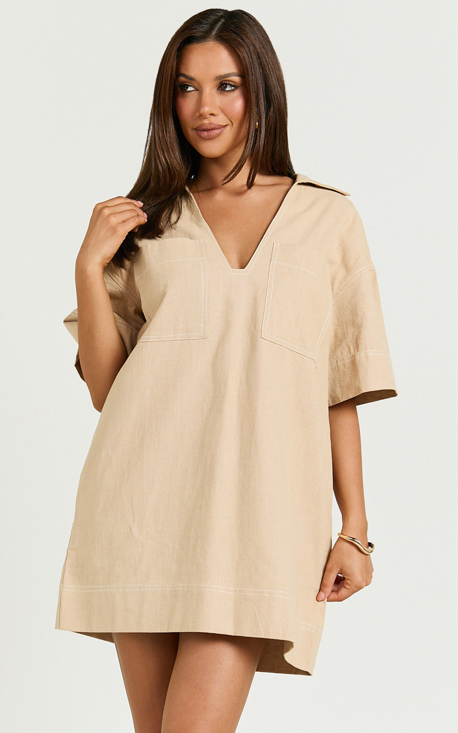 Sanvi Mini Dress - Linen Collared Pocket Shift Dress in Beige