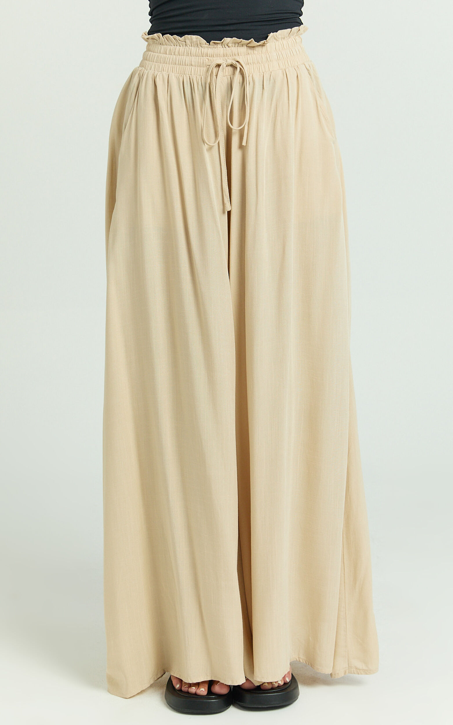 Hany Pants - High Waist Drawstring Wide Leg Pants in Stone