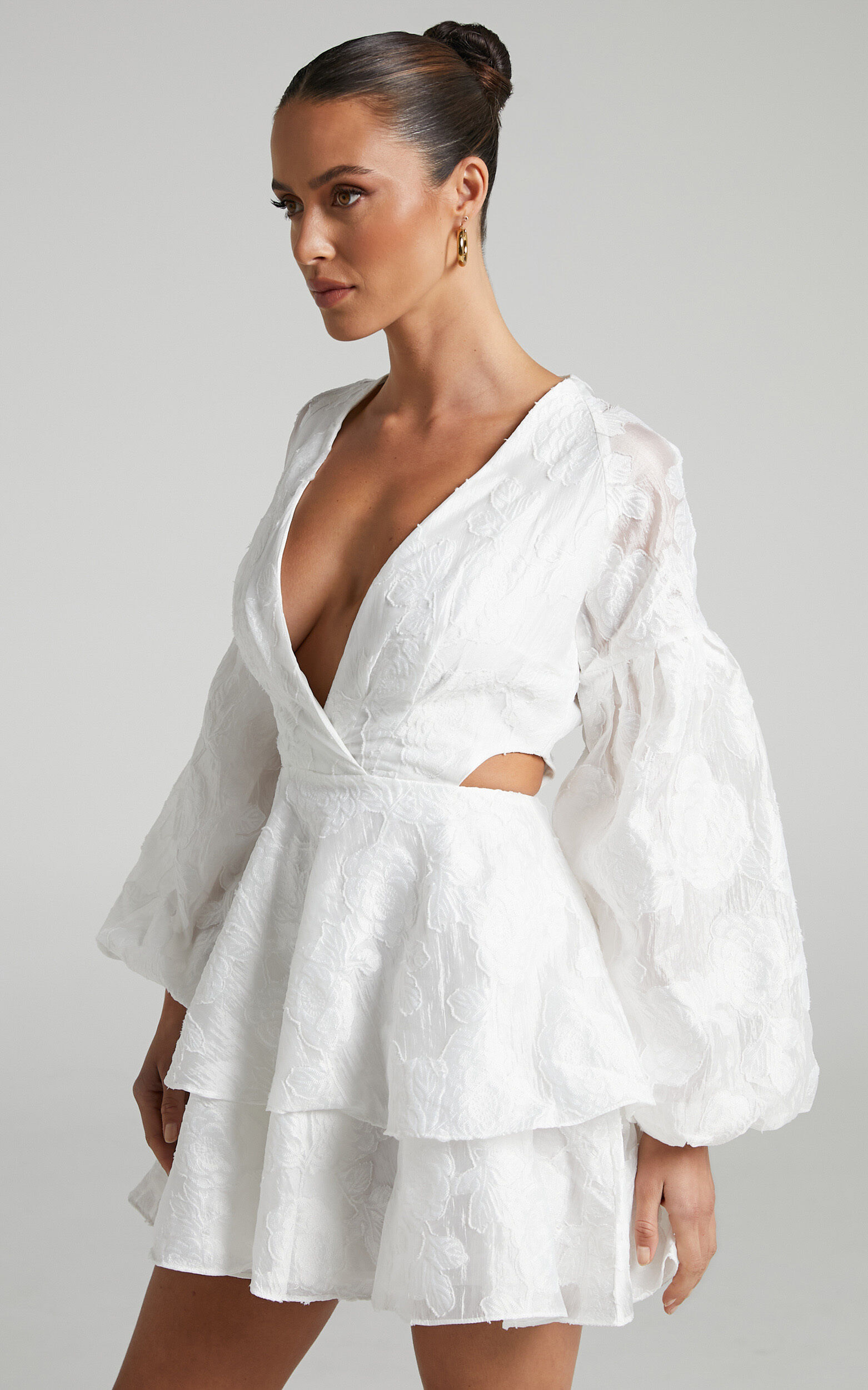 Allea Mini Dress - V Neck Balloon Sleeve Tiered Jacquard Dress in White