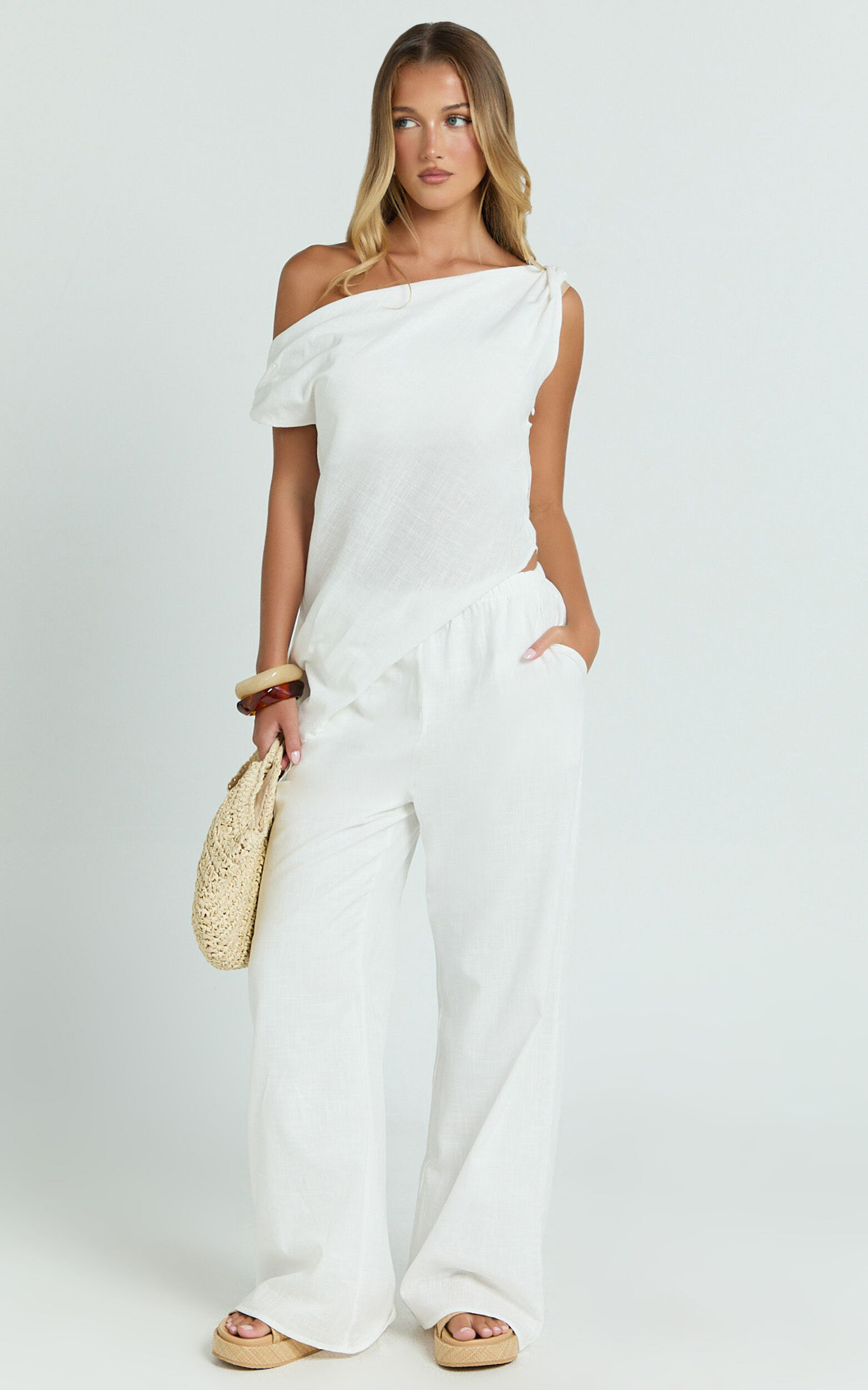 Annalie Two Piece Set - Off Shoulder Linen Set in White