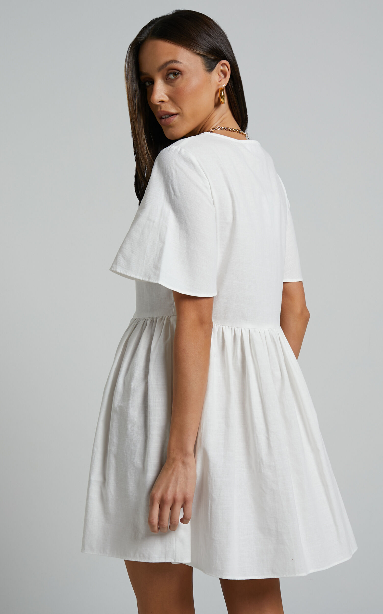 Staycation Mini Dress - Smock Button Up Dress in White