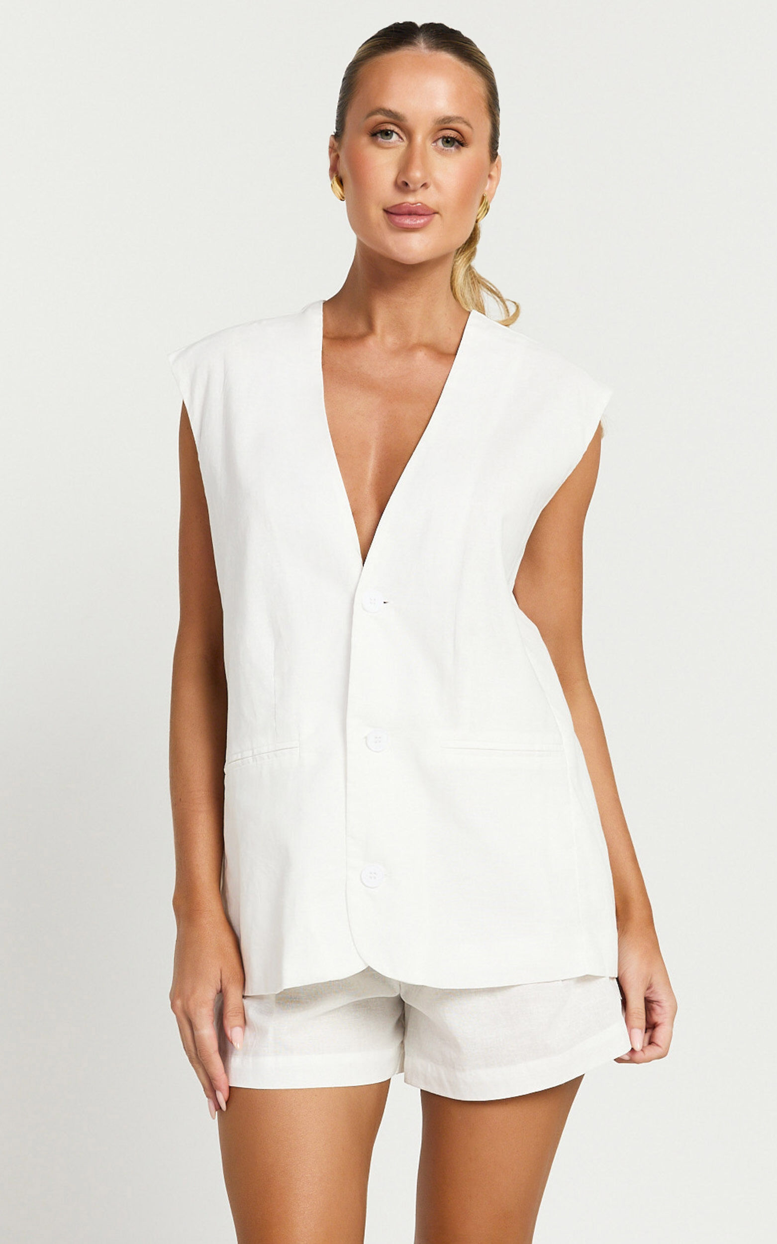 Marlee Two Piece Set - Linen Button Through Vest and Shorts Set in White