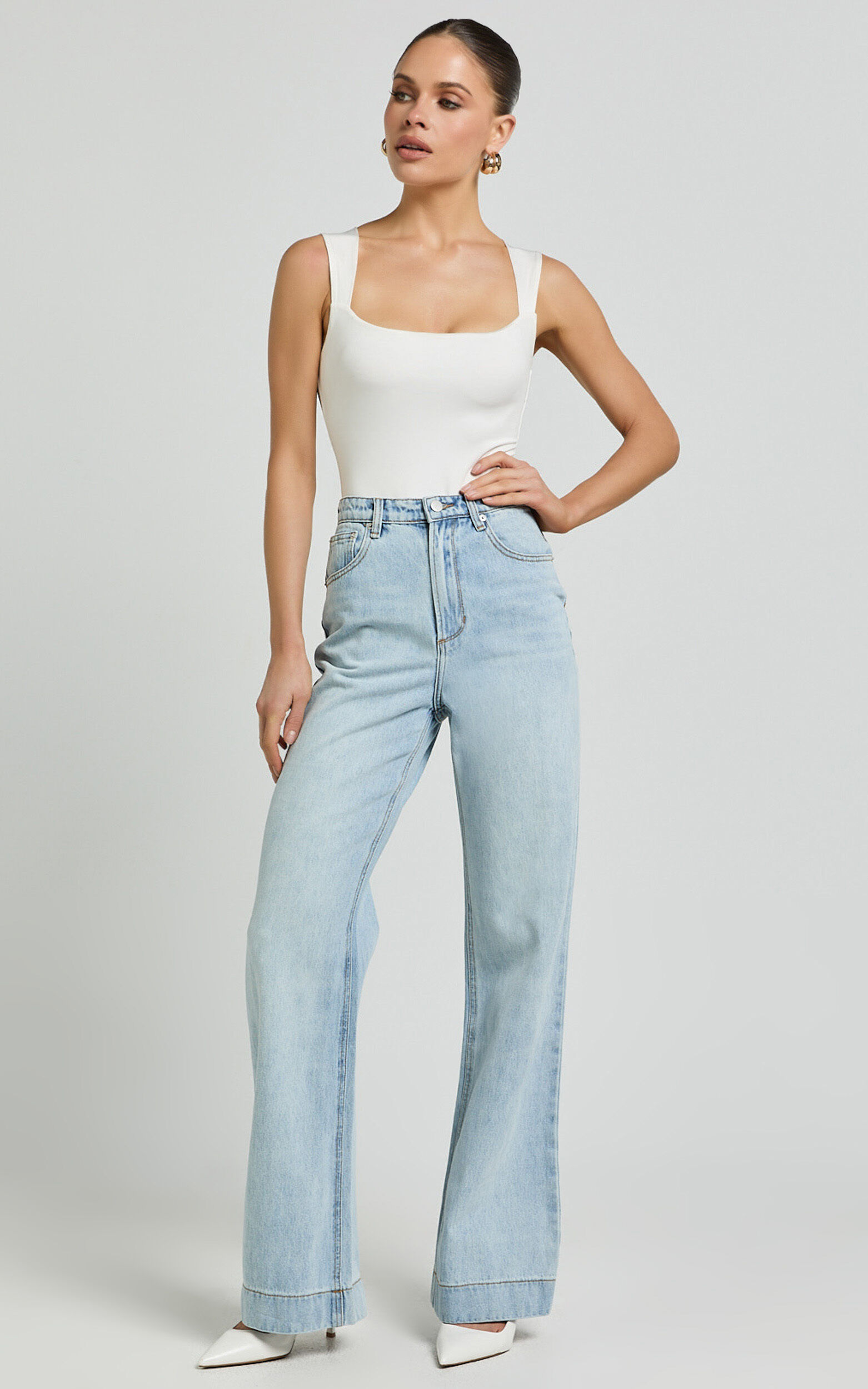 Emman Jeans - High Waisted Cotton Wide Leg Denim Jeans in Sunday Blue