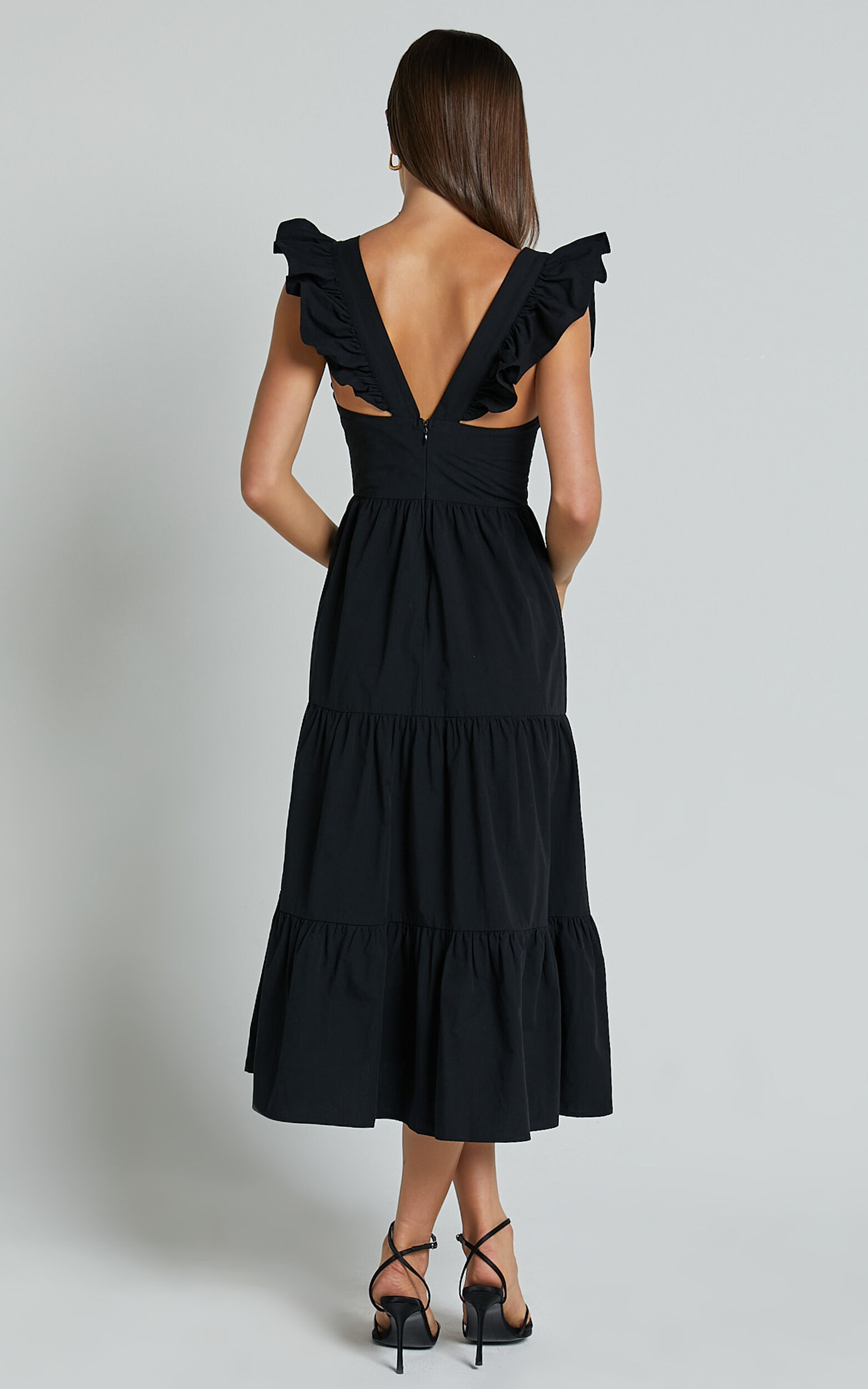 Levona Midi Dress - Ruffle Shoulder Tiered Dress in Black