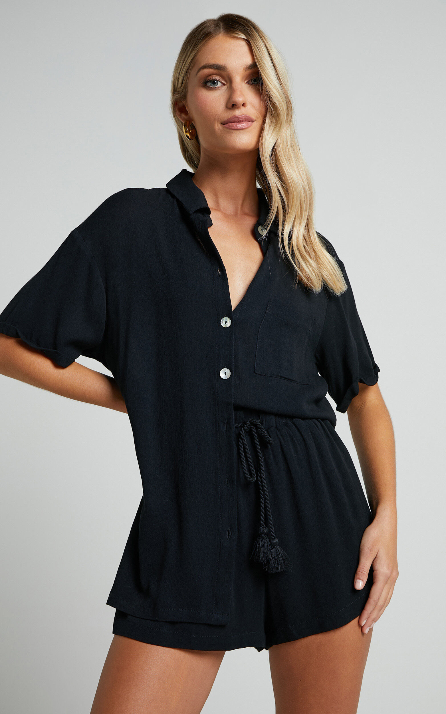 Jubilee Two Piece Set - Button Up Shirt and Shorts Set in Black