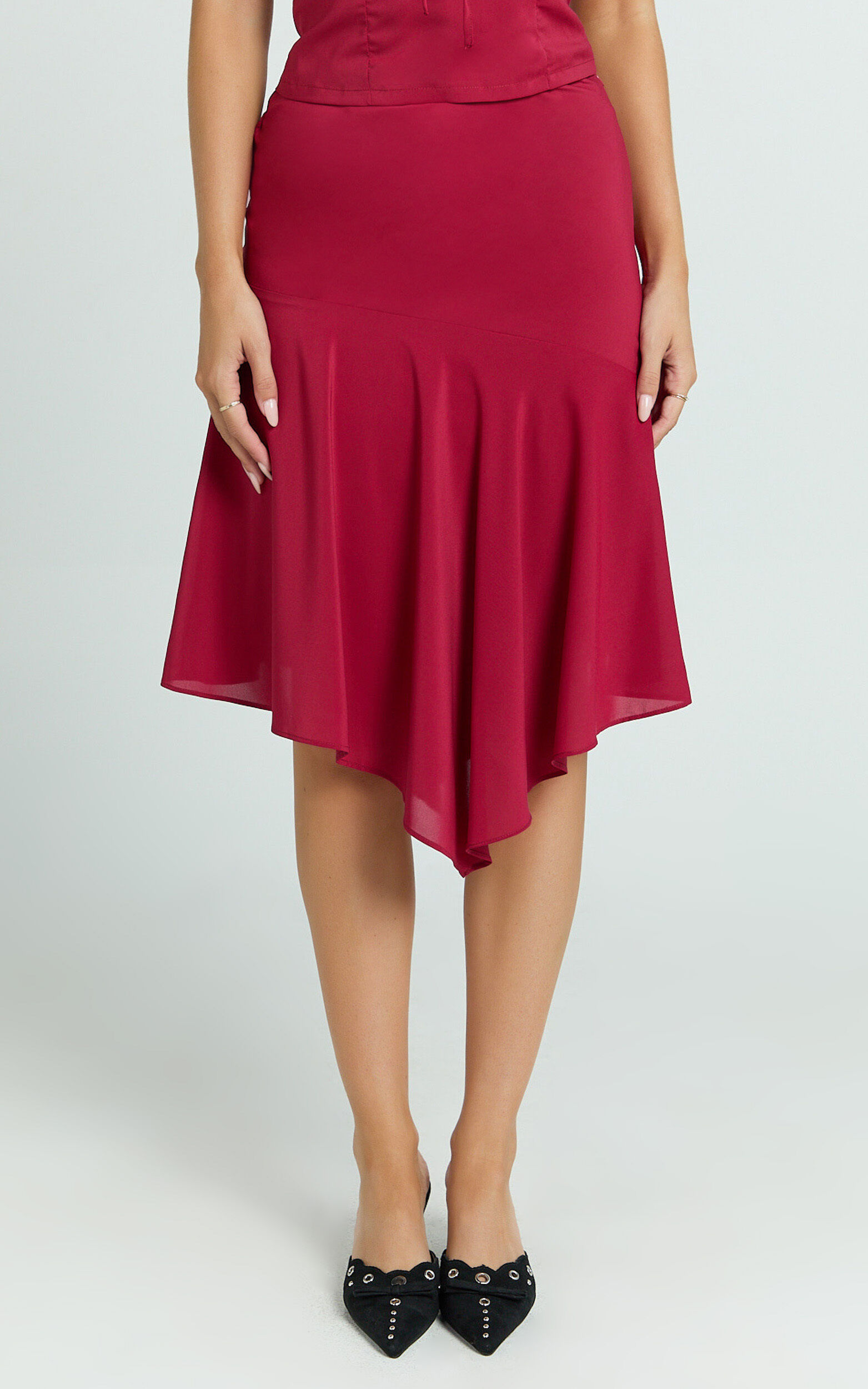 Clare Midi Skirt - Mid Waisted Asymmetric Bias Cut Slip Skirt in Cherry Red