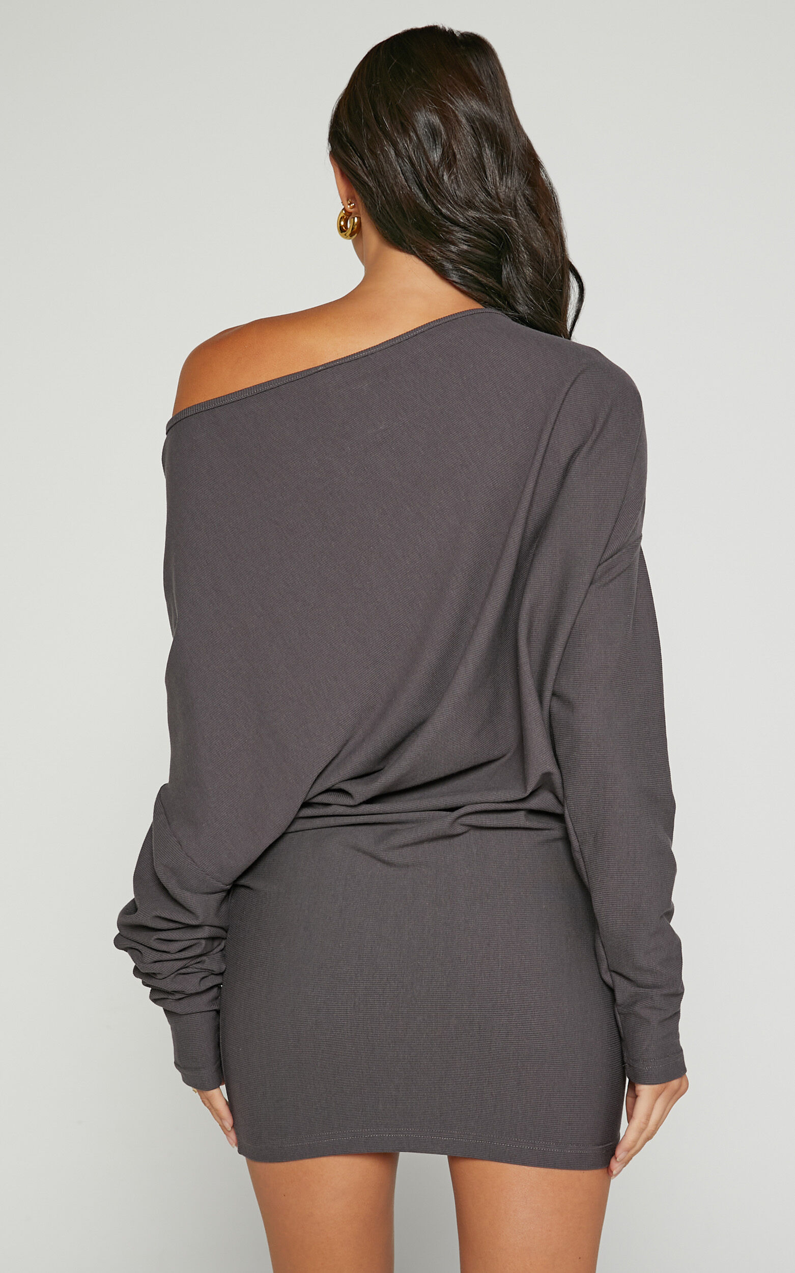 Fermina Mini Dress - Long Sleeve Bodycon Dress in Charcoal Rib