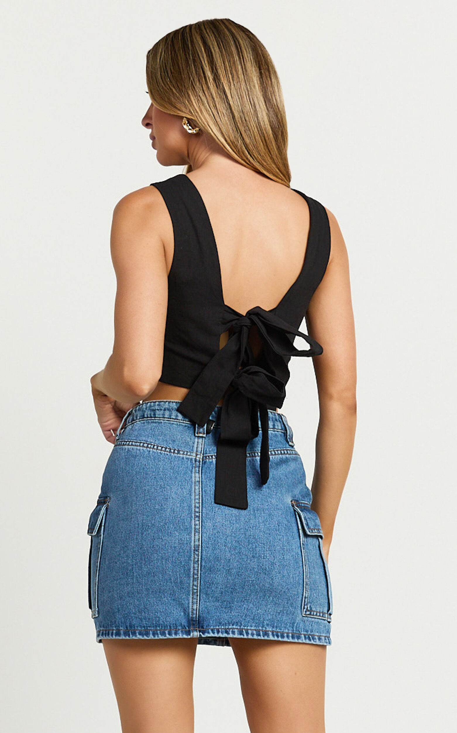 Wallace Mini Skirt - Mid Waisted Recycled Denim Utility Skirt in Mid Blue Wash