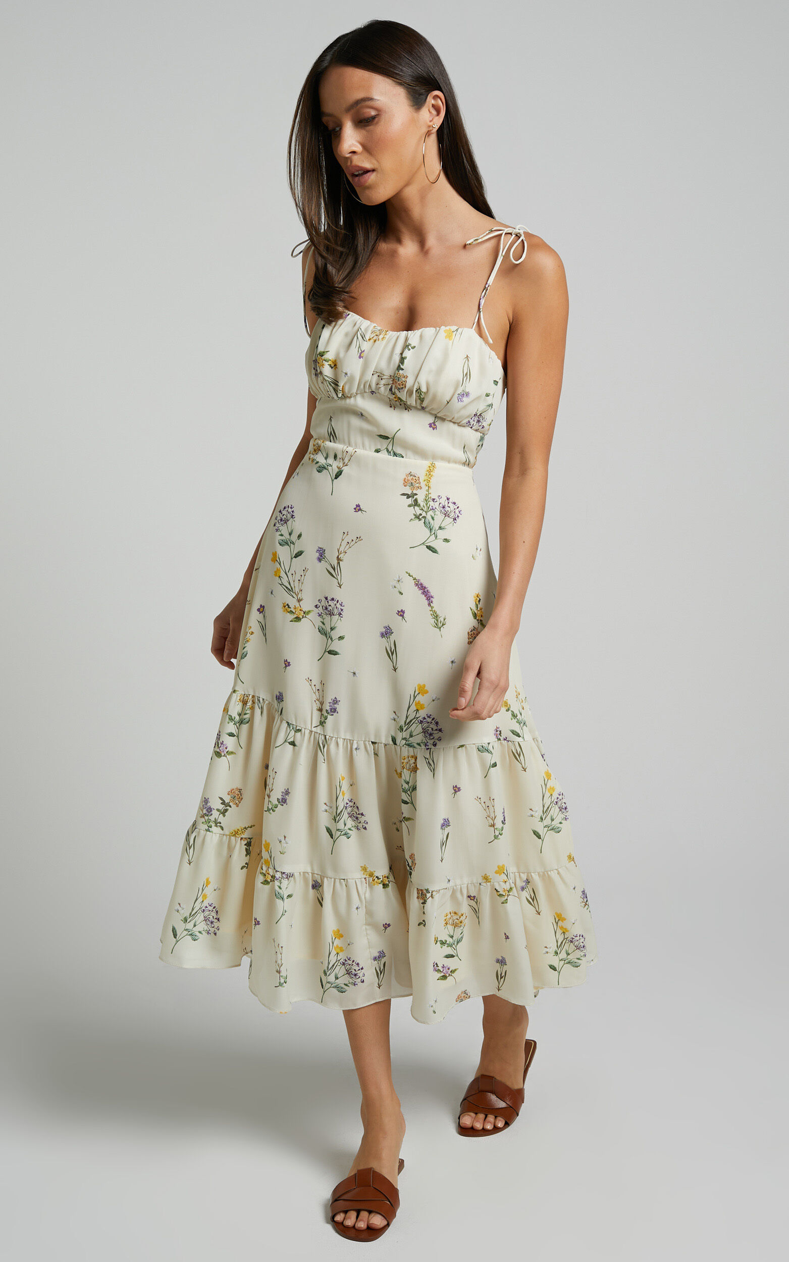 Monaco Midi Dress - Strappy Sweetheart Tiered Dress in Botanical floral