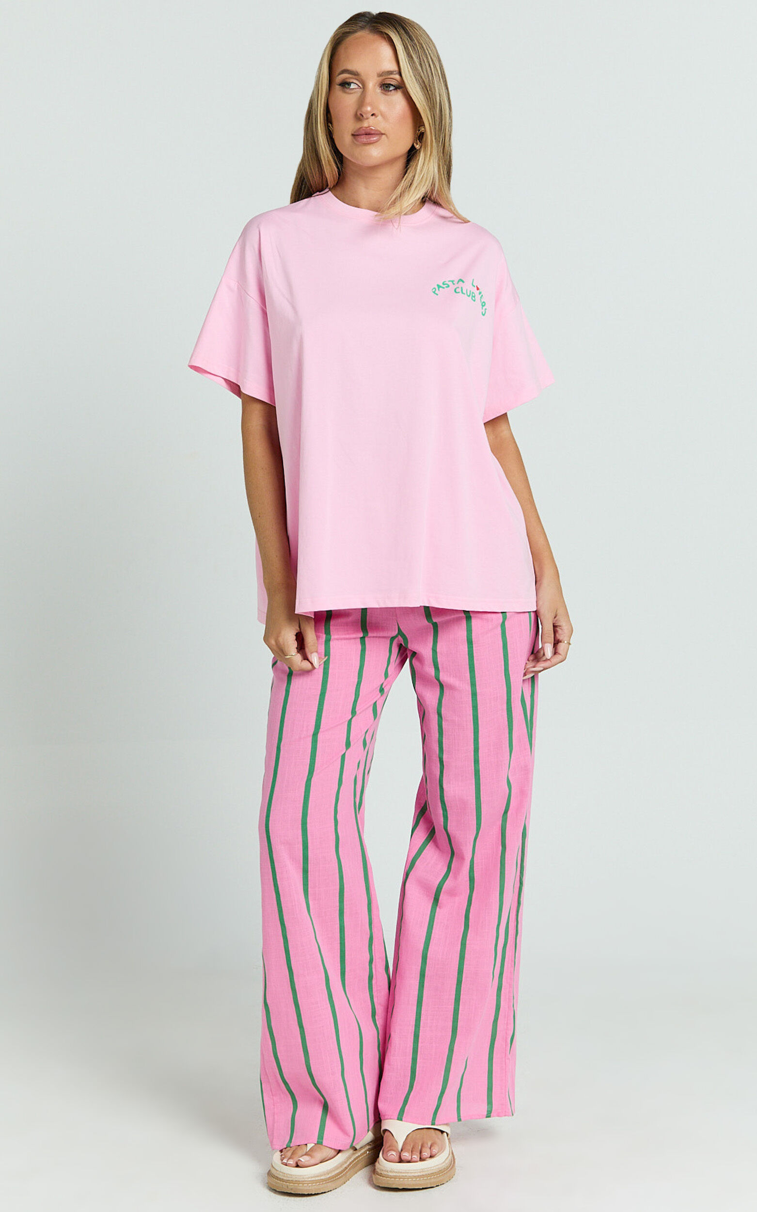 Alda Two Piece Set - Pasta Lovers Club Tee and Striped Pant Set in Pink