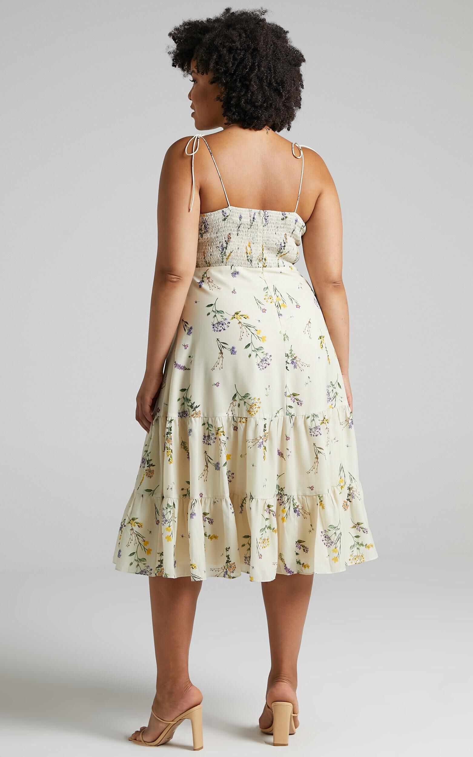 Monaco Midi Dress - Strappy Sweetheart Tiered Dress in Botanical floral