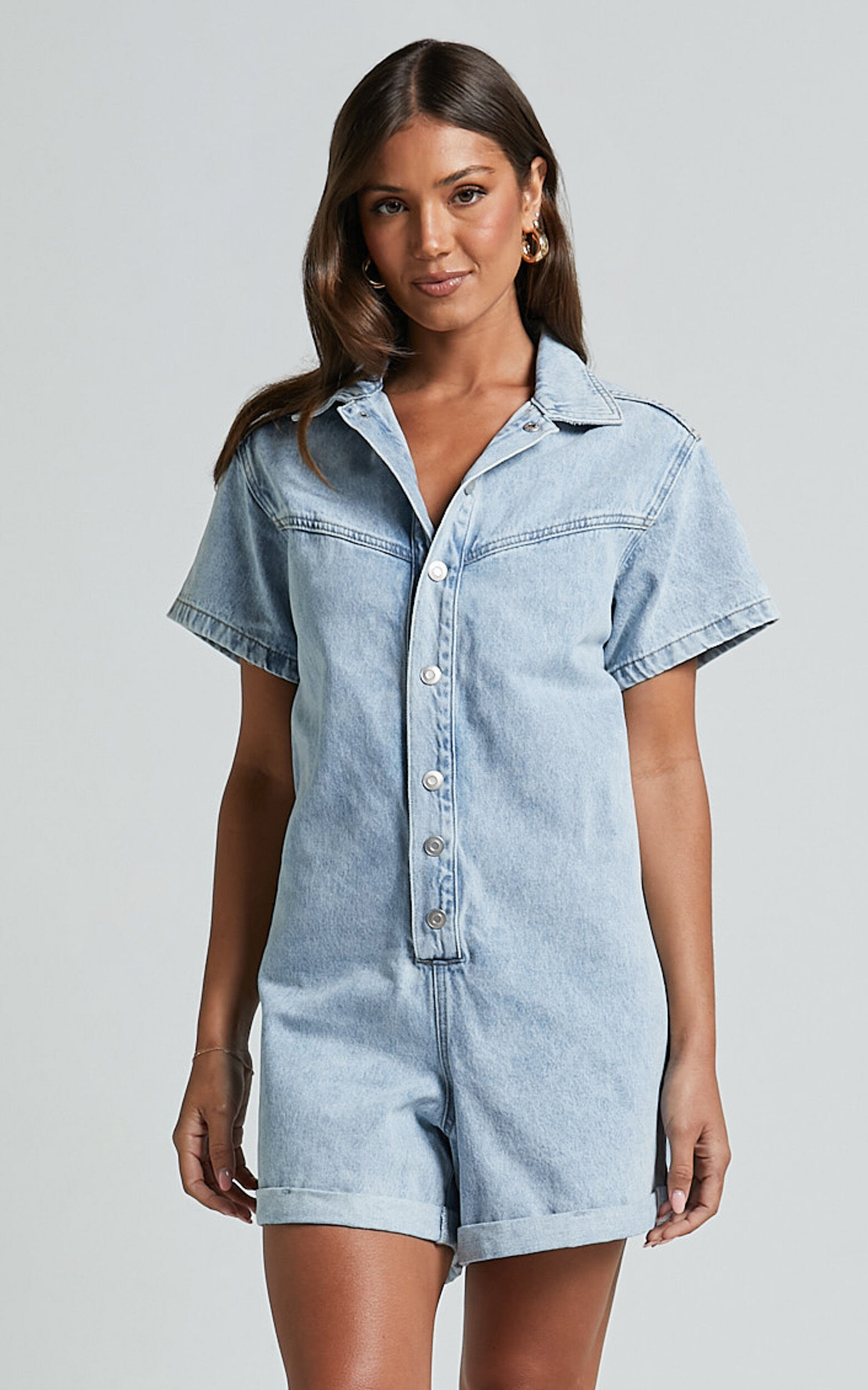 Reid Playsuit - Button Through Denim Playsuit in Light Blue Wash