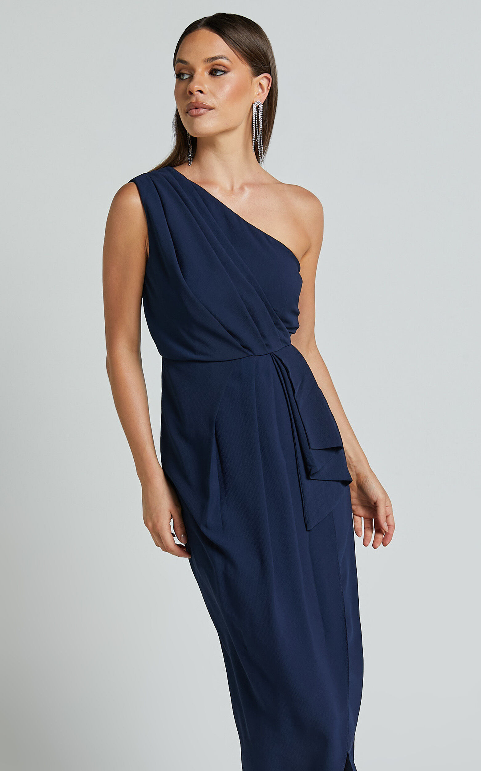 Namaari Midi Dress - Faux Wrap One Shoulder Dress in Navy