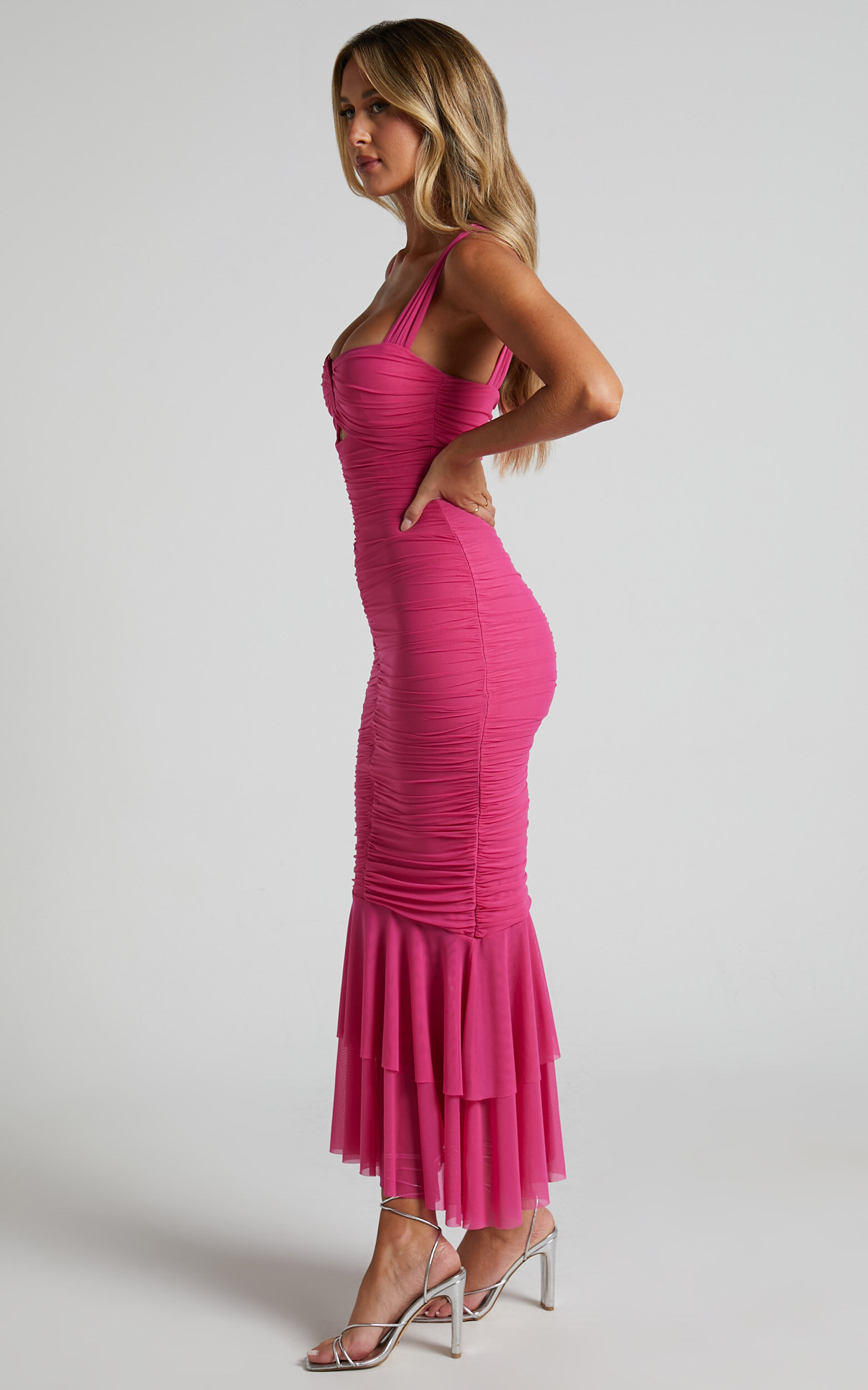 Kody Midi Dress - Bodycon Ruched Mesh Cut Out Dress in Hot Pink