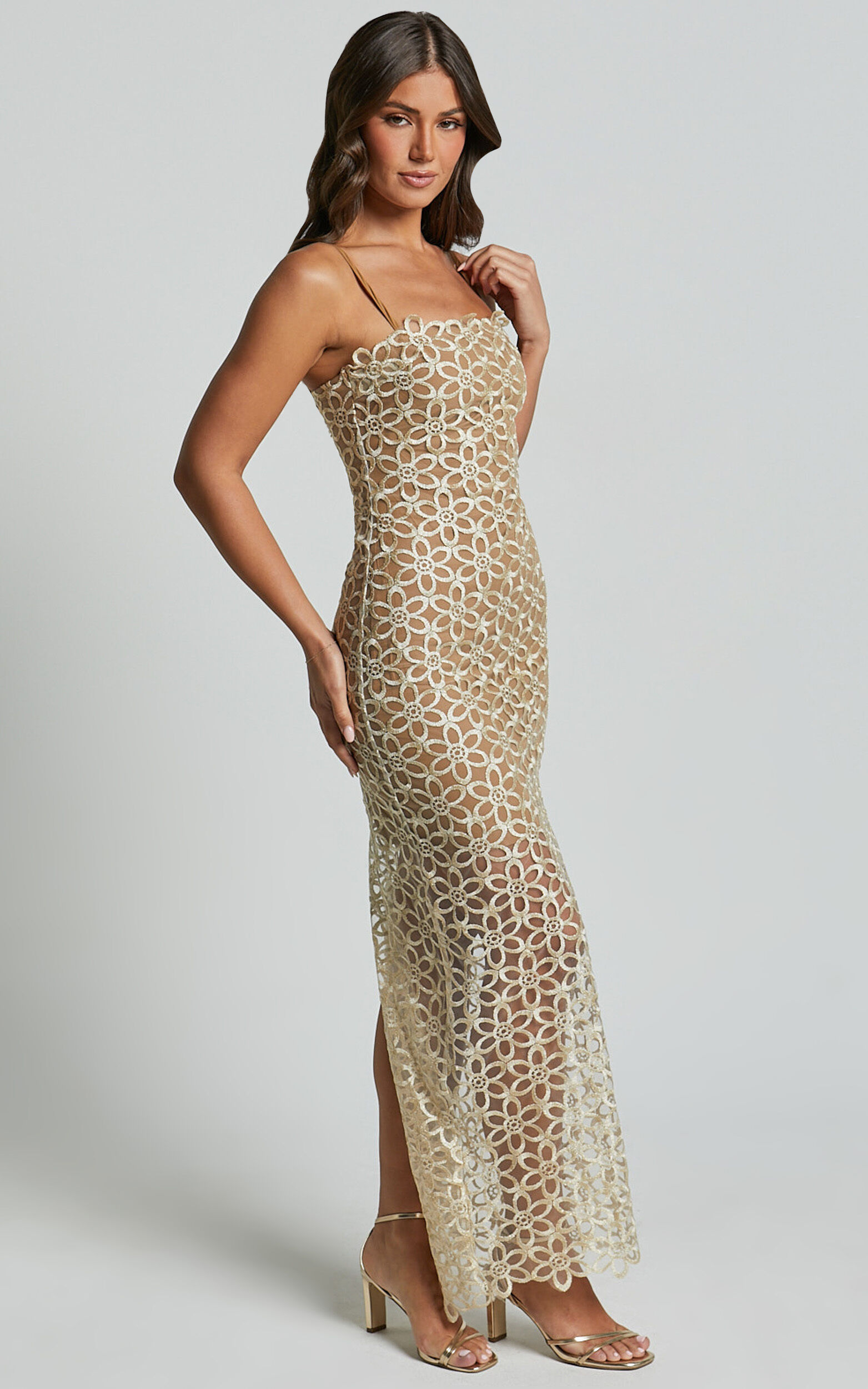 Ruth Midi Dress - Strappy Straight Neck Slip Dress in Natural