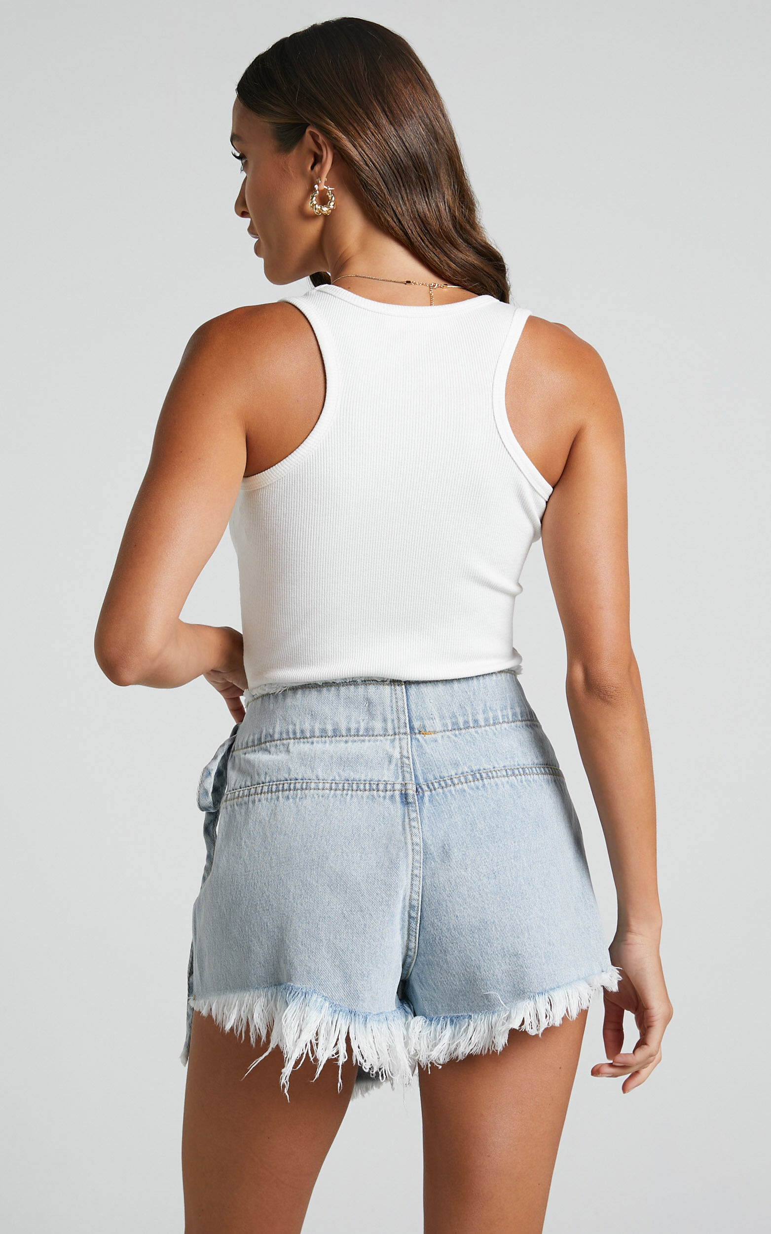 Ellyza Skort - Recycled Cotton Frayed Edge Wrap Denim Skort in Mid Blue Wash