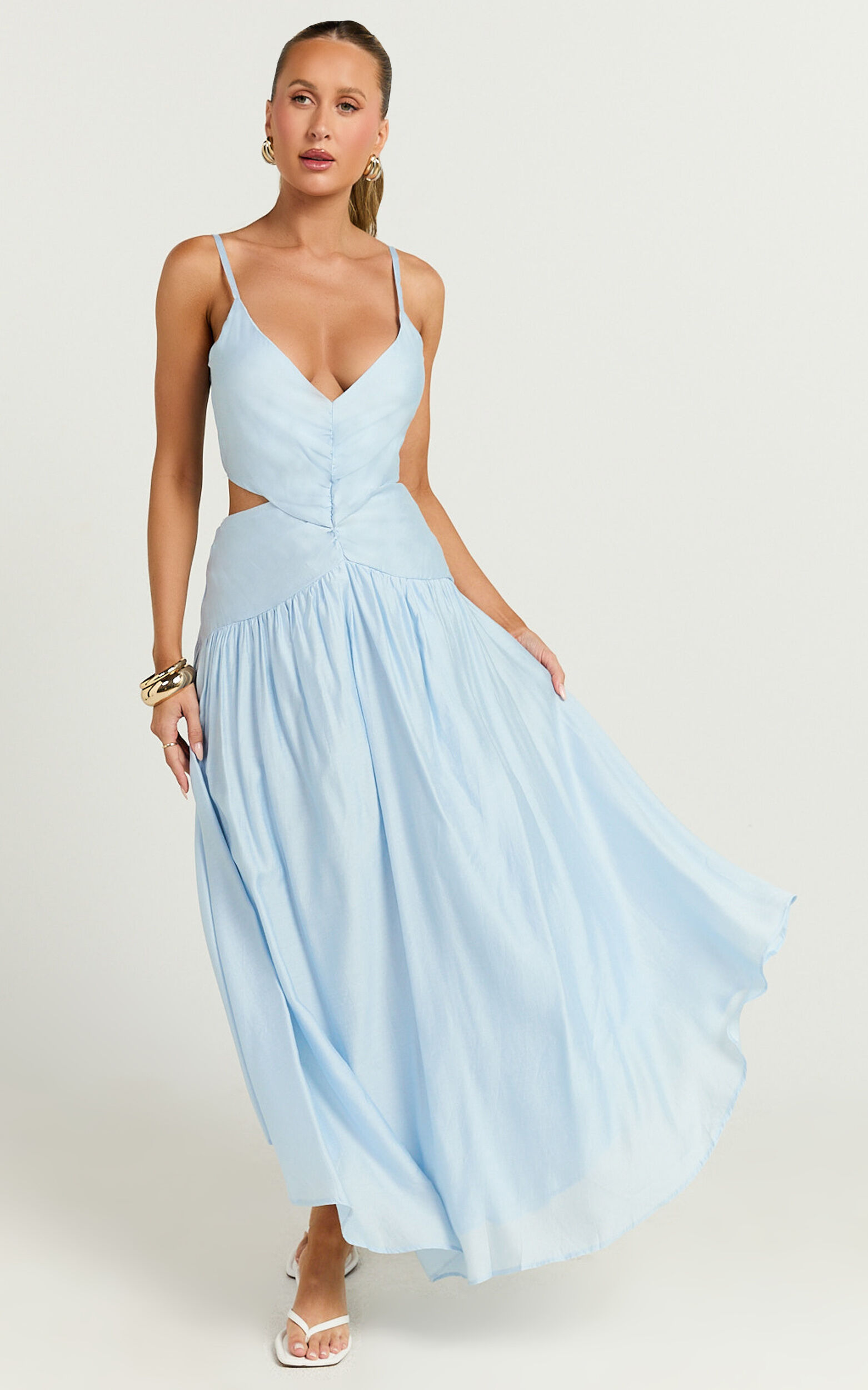 Edlyn Midi Dress - V Neck Side Cut Out Dress in Blue