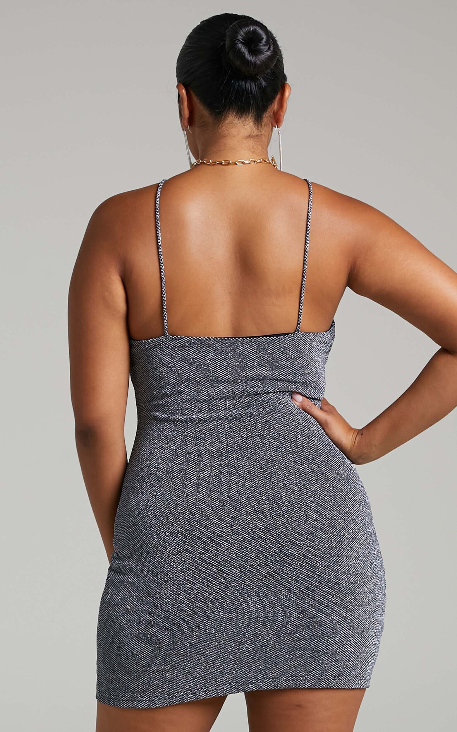 Emeraude Mini Dress - Split Bust Lurex Dress in Black and Silver