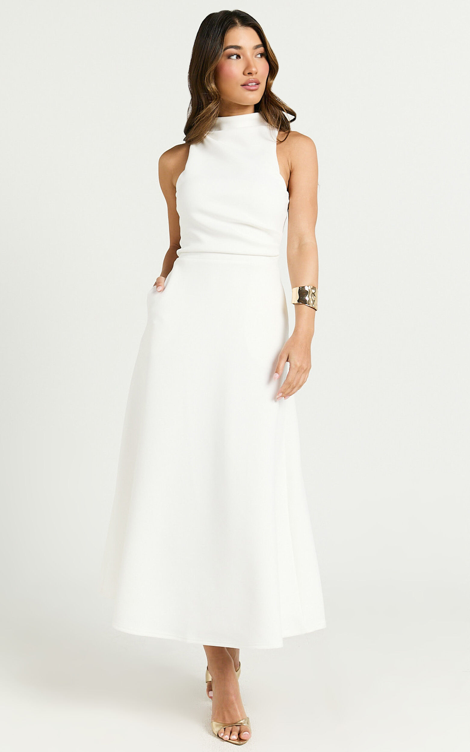 Macy Midi Dress - High Neck A Line Dress in Off White