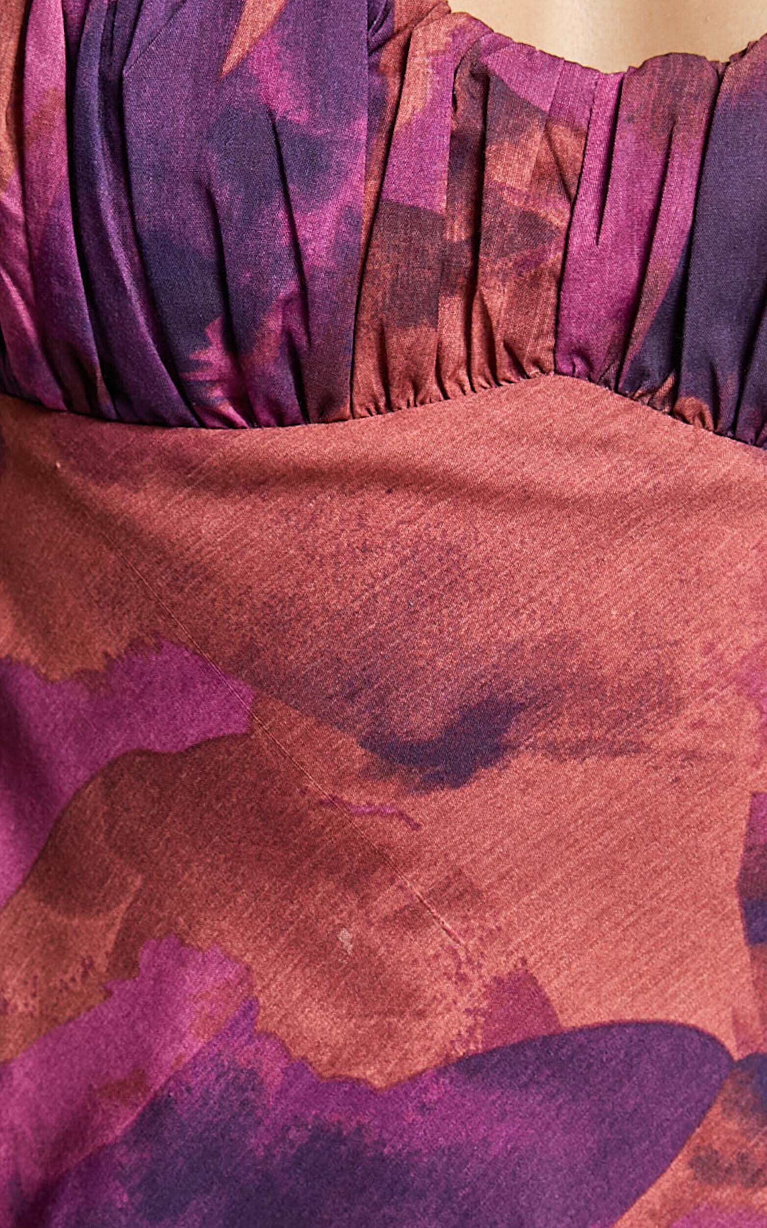 Giselli Midi Dress - Adjustable Strap Ruched Bust Dress in Dark Rose Print