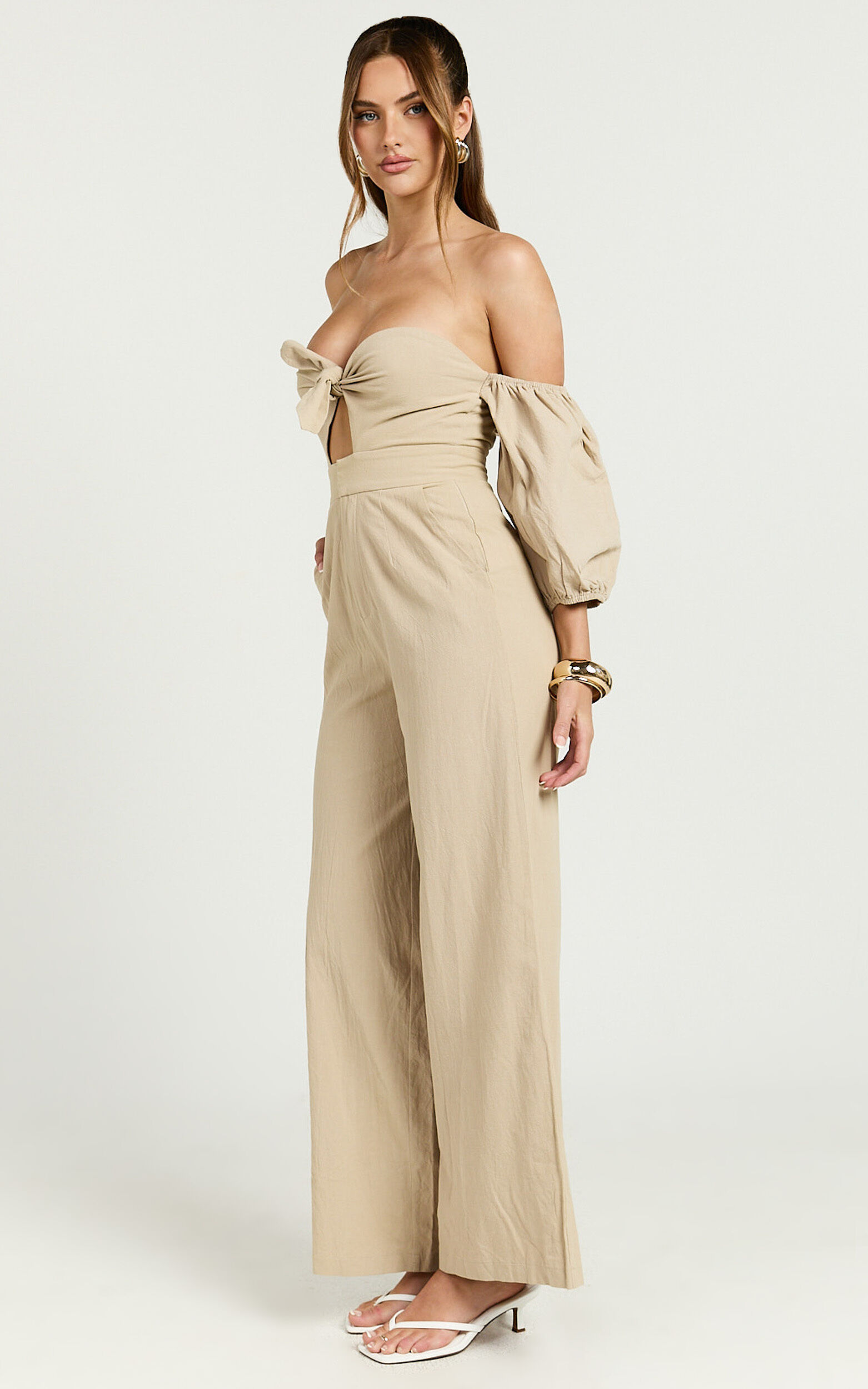 Maja Jumpsuit - Front Tie Off Shoulder Jumpsuit in Sand