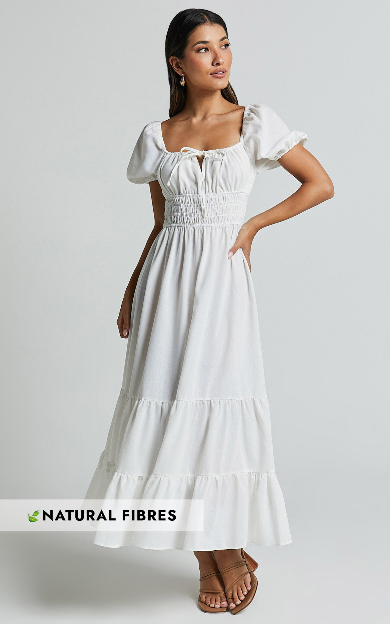 Claritza Midi Dress - Linen Look Short Puff Sleeve Square Neck Tiered Dress in White