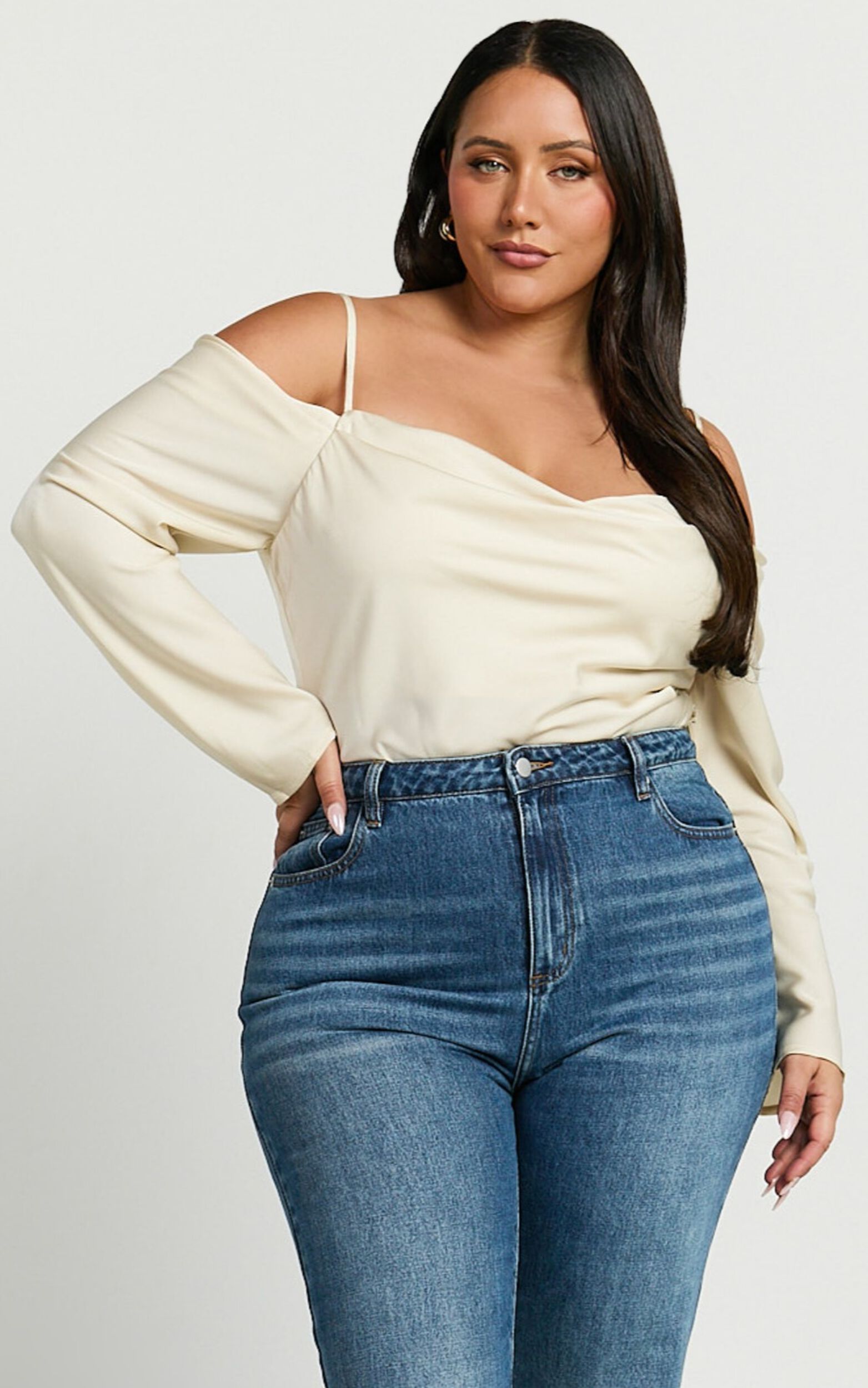 Julian Top - Off Shoulder Long Sleeve Cowl Neck Top in Ivory
