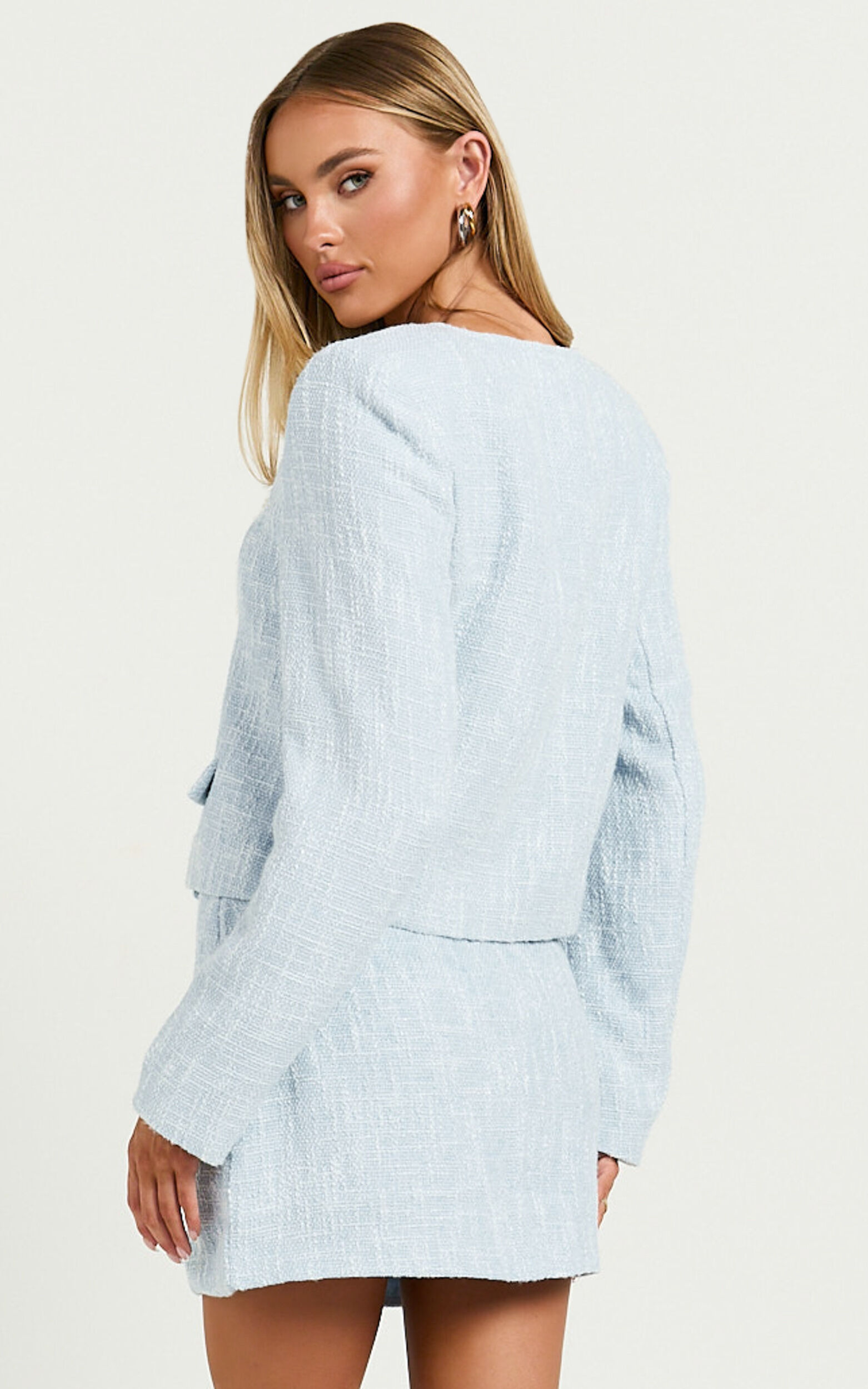 Olympia Jacket - Boucle Scoop Neck Button Down Long Sleeve Jacket in Pale Blue