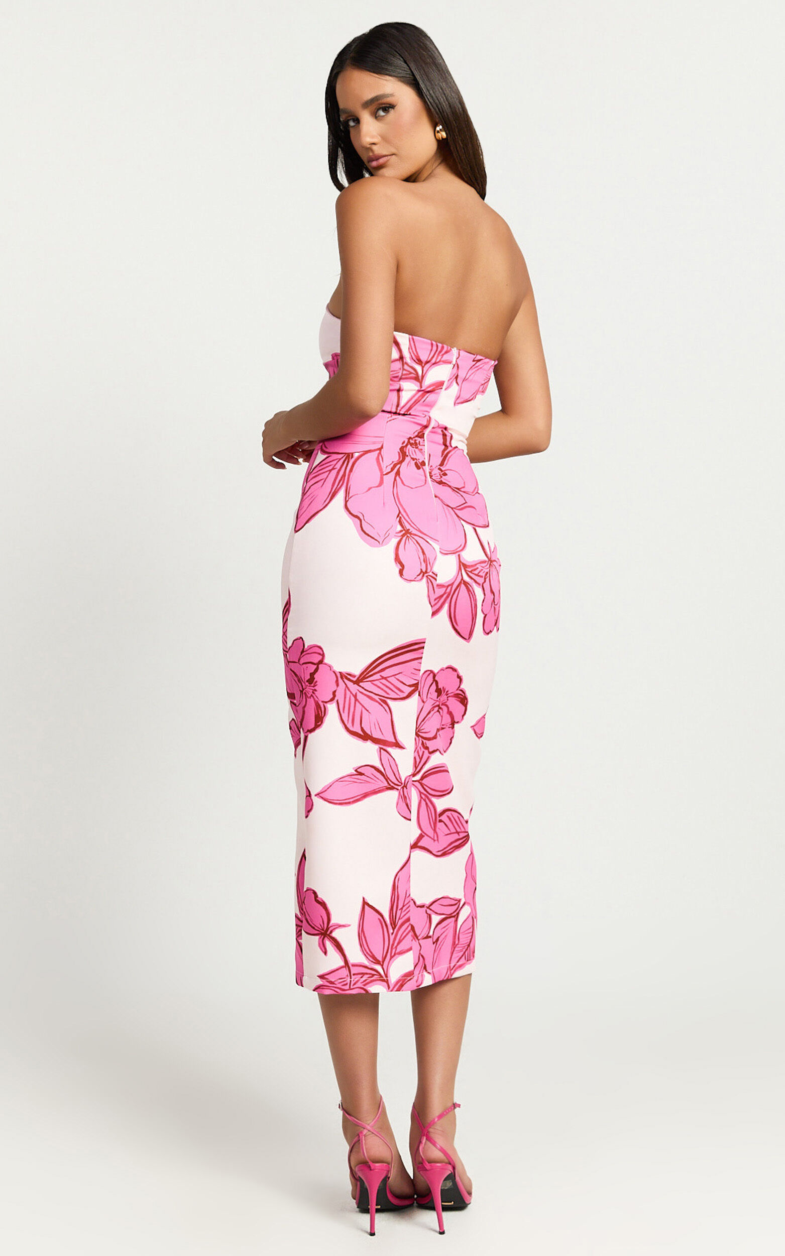 Shantelle Midi Dress - Strapless Bodycon Back Split Dress in Bouquet Di Fiori Print