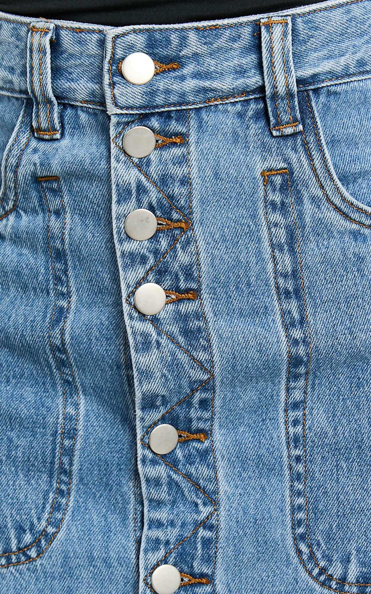 Alisa Midi Skirt - Button Through A Line Denim in Mid Blue Wash