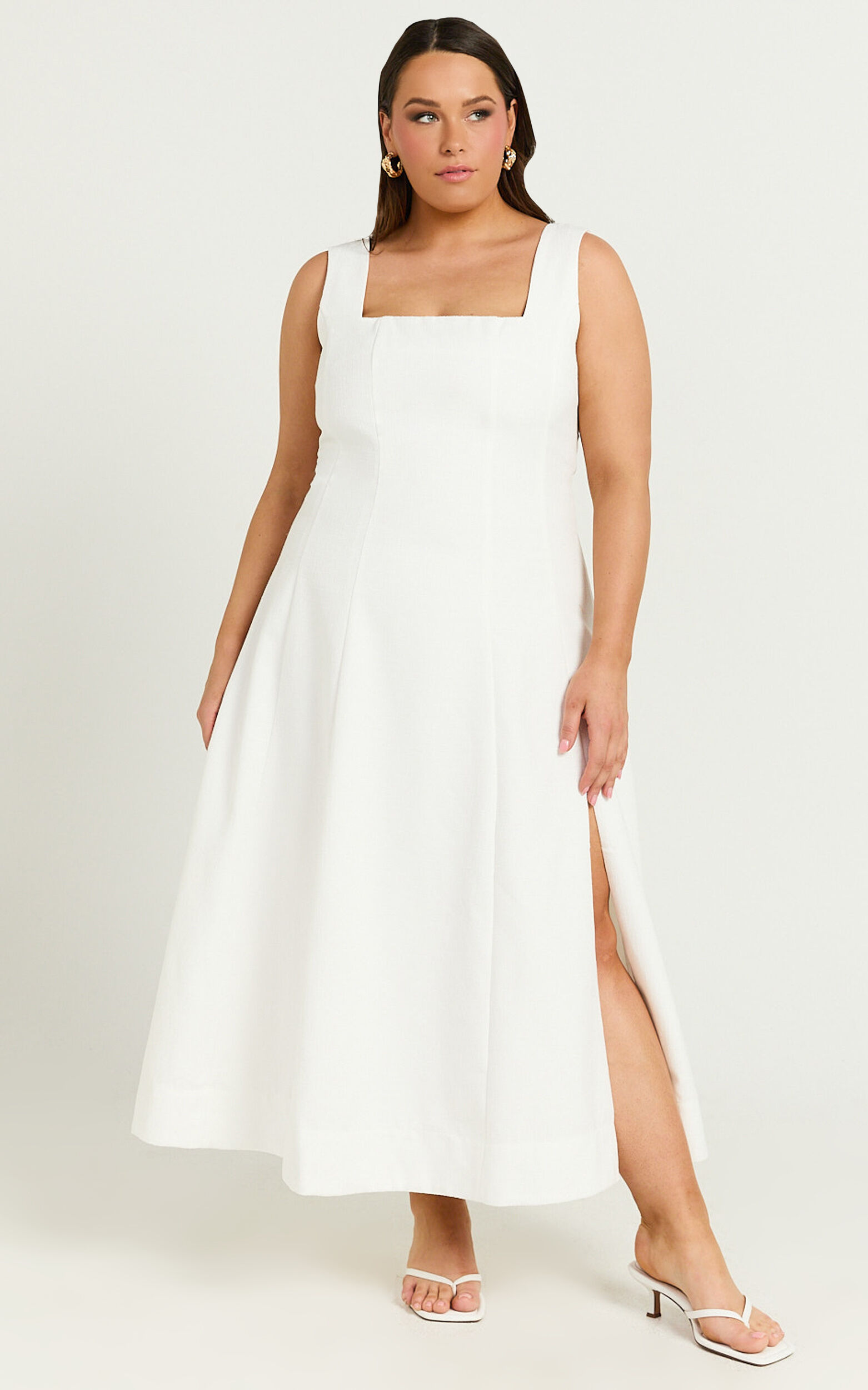Walters Midi Dress - Square Neck Shirred Back Fit and Flare Panel Dress in White
