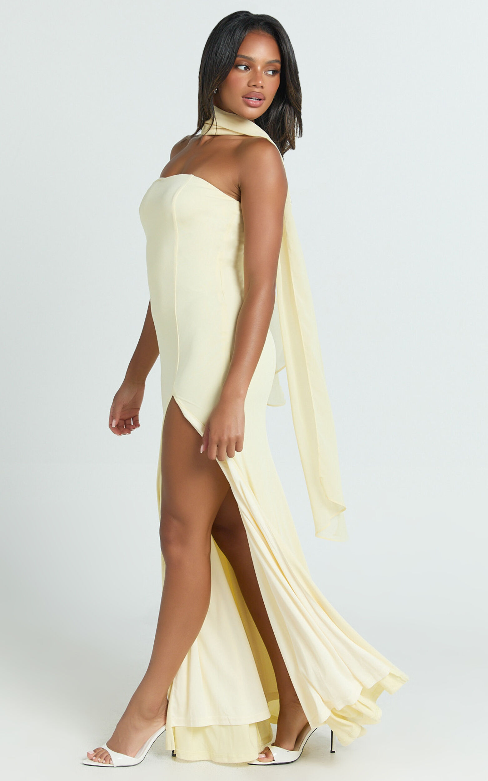Dorothea Maxi Dress - Georgette Scarf Fit and Flare Dress in Lemon