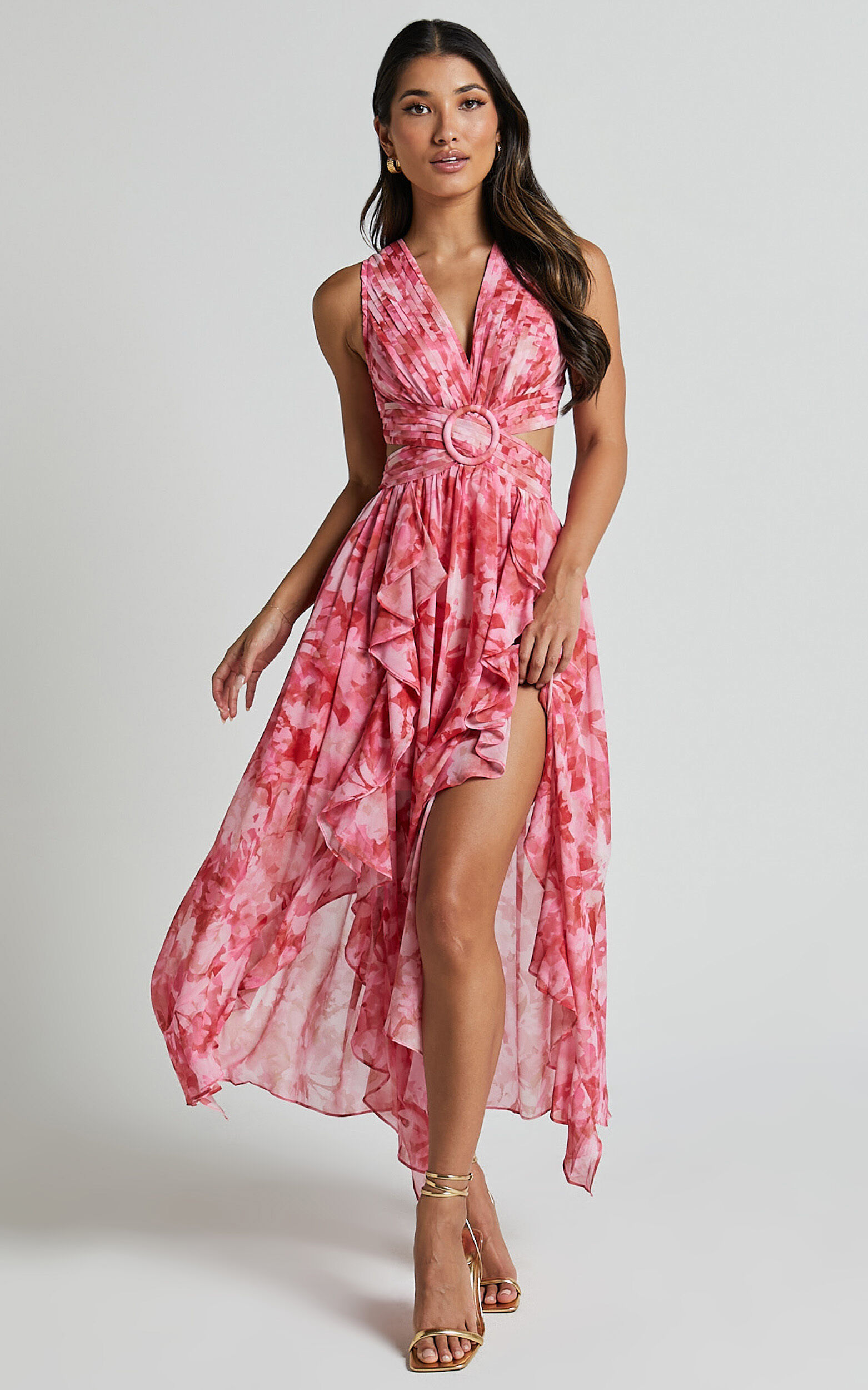 Marga Maxi Dress - Plunge Ruffle Detail Cut Out Dress in Petal Paradise