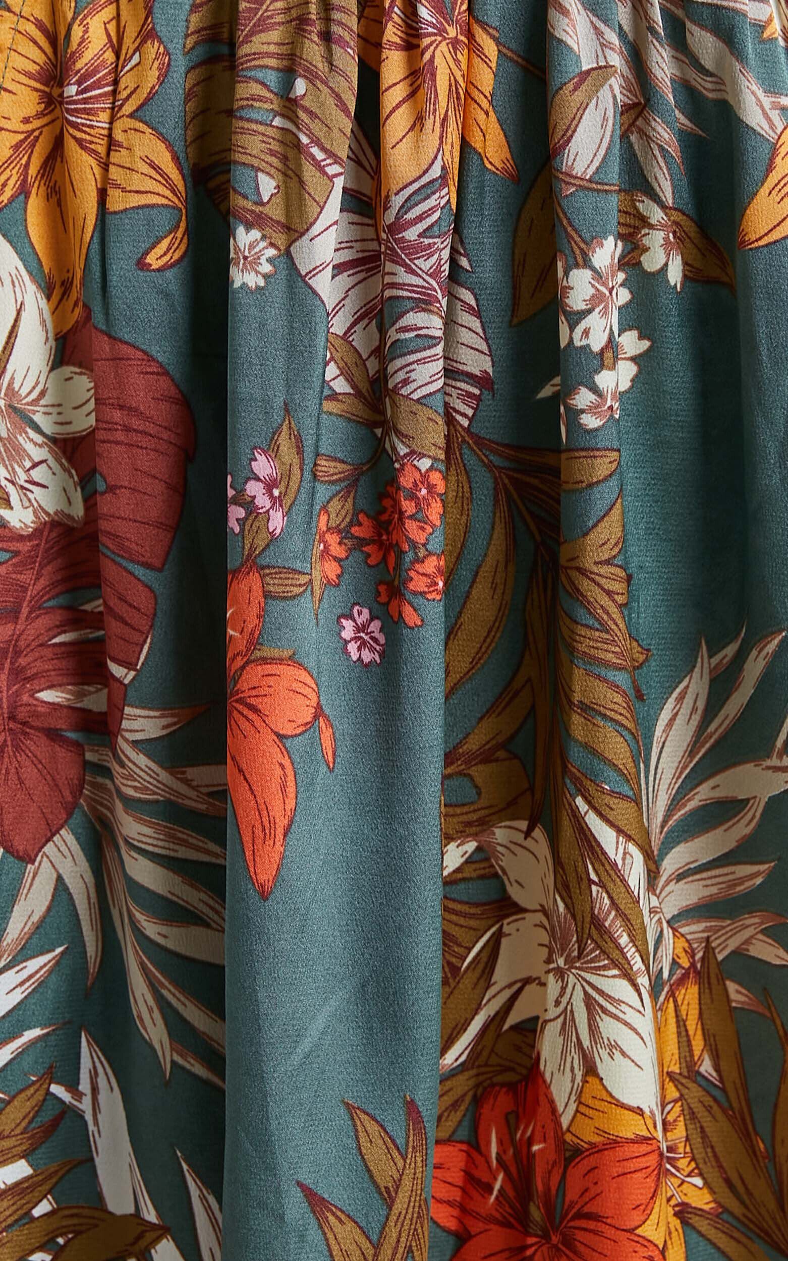 Vacay Ready Maxi Dress - Plunge Thigh Split Dress in Teal Floral Satin